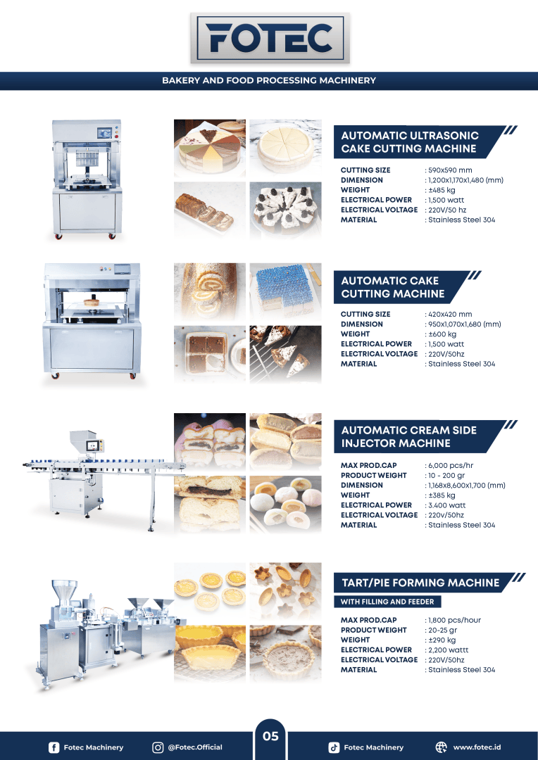 Auf einer Katalogseite sind vier Bäckereimaschinen abgebildet: ein automatischer Ultraschall-Kuchenschneider, ein automatischer Tortenschneider, ein automatischer Sahneseitenspritzer und eine Torten-/Kuchenformmaschine, jeweils mit technischen Daten und Fotos ihrer Leistung.