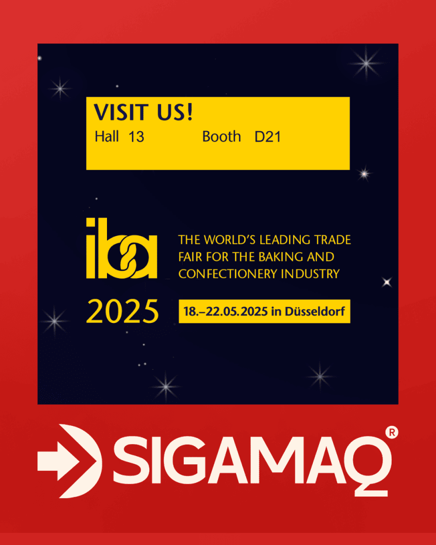 Poster mit einem gelb-blauen Kasten lädt zum Besuch von Halle 13, Stand D21 auf der iba 2025, der Fachmesse für Back- und Süßwaren in Düsseldorf, ein. Termin: 18.–22. Mai 2025. Das SIGAMAQ-Logo erscheint unten.