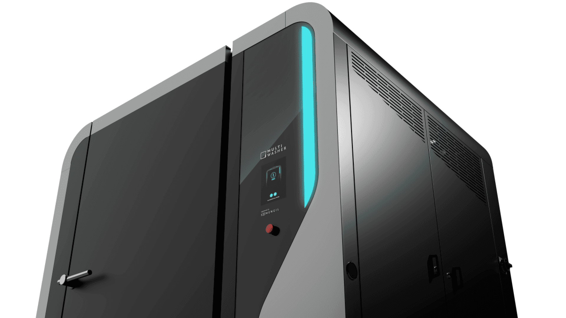 Nahaufnahme eines eleganten, modernen schwarzen Servers oder Rechenzentrumsgeräts mit blauer vertikaler LED-Beleuchtung, digitalem Bildschirm und einer roten Taste auf der Vorderseite vor weißem Hintergrund.