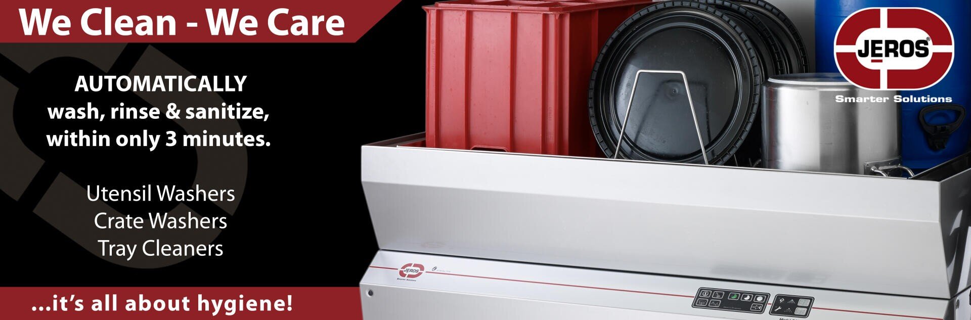 A Jeros industrial washer with various items including trays, a bucket, and a bin inside. Text highlights its ability to wash, rinse, and sanitize in under 3 minutes, emphasizing hygiene for utensils, crates, and trays.
