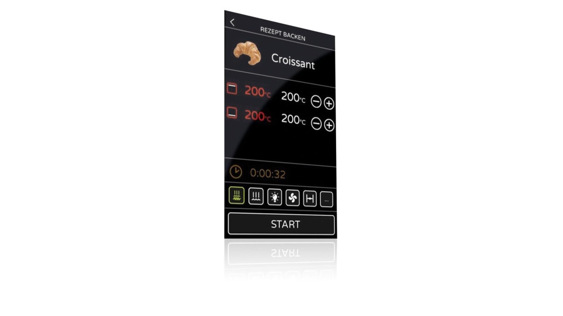 A digital display shows a croissant recipe with three oven temperatures set to 200°C, a timer counting at 00:32, and a large START button at the bottom with various icons above it.