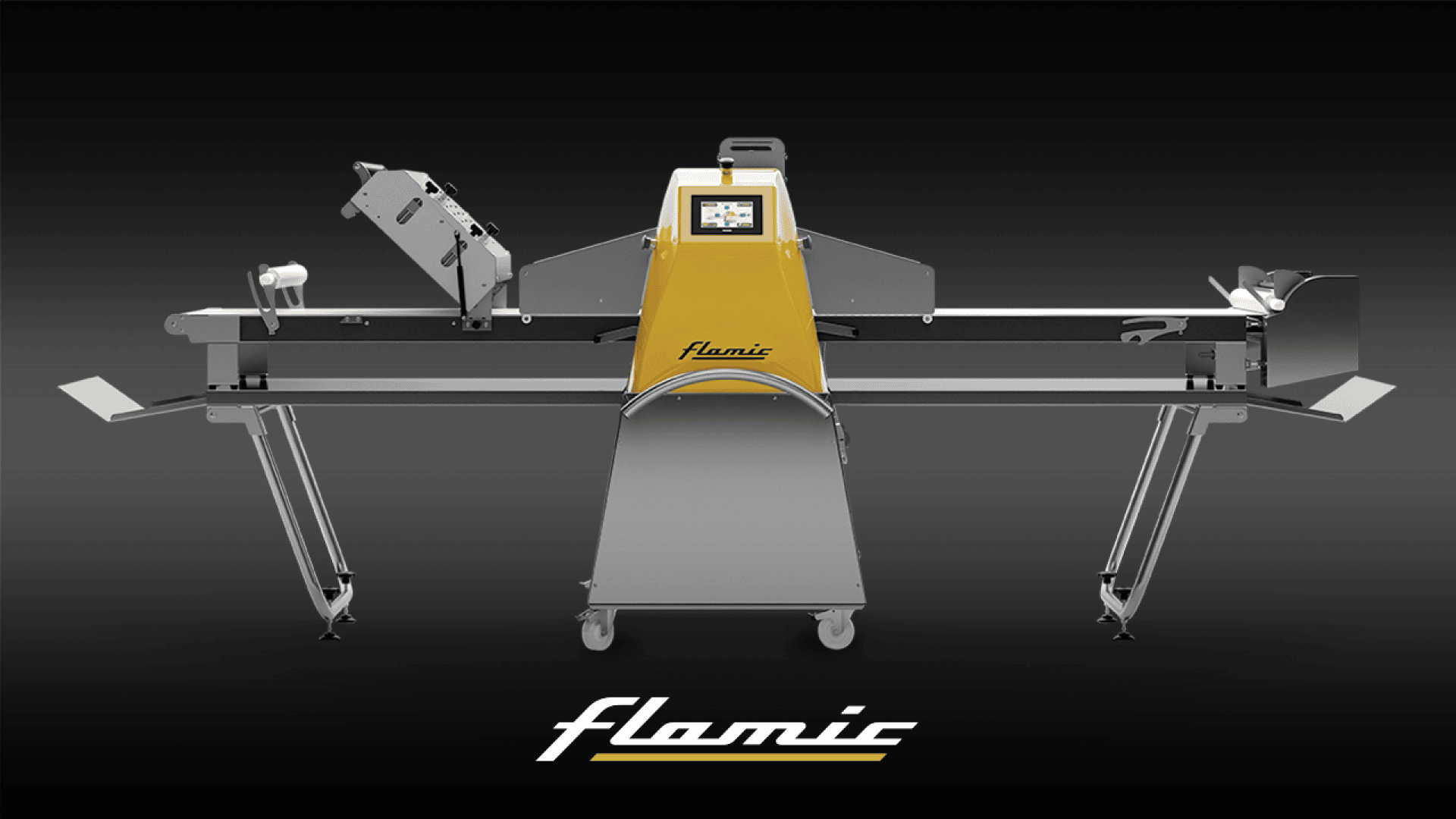 A yellow and silver industrial dough sheeter machine with folding arms and a touchscreen sits against a black background. The brand name Flamic appears below the machine in white and yellow text.