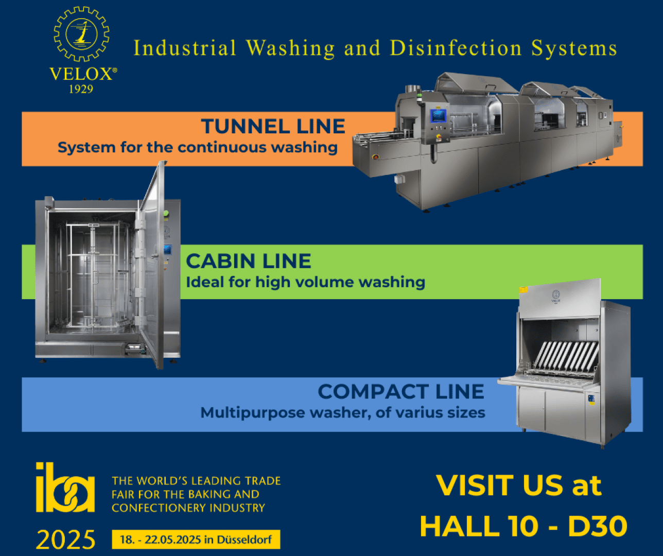 Advertisement for Velox 1929 industrial washing and disinfection systems, showing tunnel, cabin, and compact washer lines, and inviting visitors to Hall 10-D30 at the 2025 IBA trade fair in Düsseldorf.