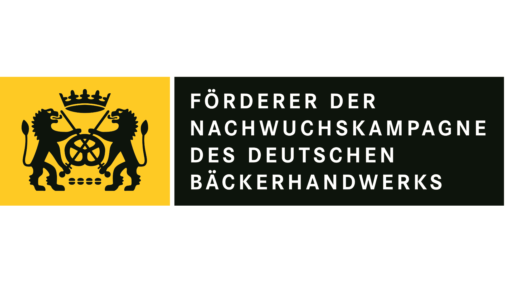 Ein Logo mit zwei schwarzen Löwen zu beiden Seiten einer Krone und einem Brezelsymbol auf gelbem Hintergrund, daneben ein deutscher Text: FÖRDERER DER NACHWUCHSKAMPAGNE DES DEUTSCHEN BÄCKERHANDWERKS auf schwarzem Hintergrund.