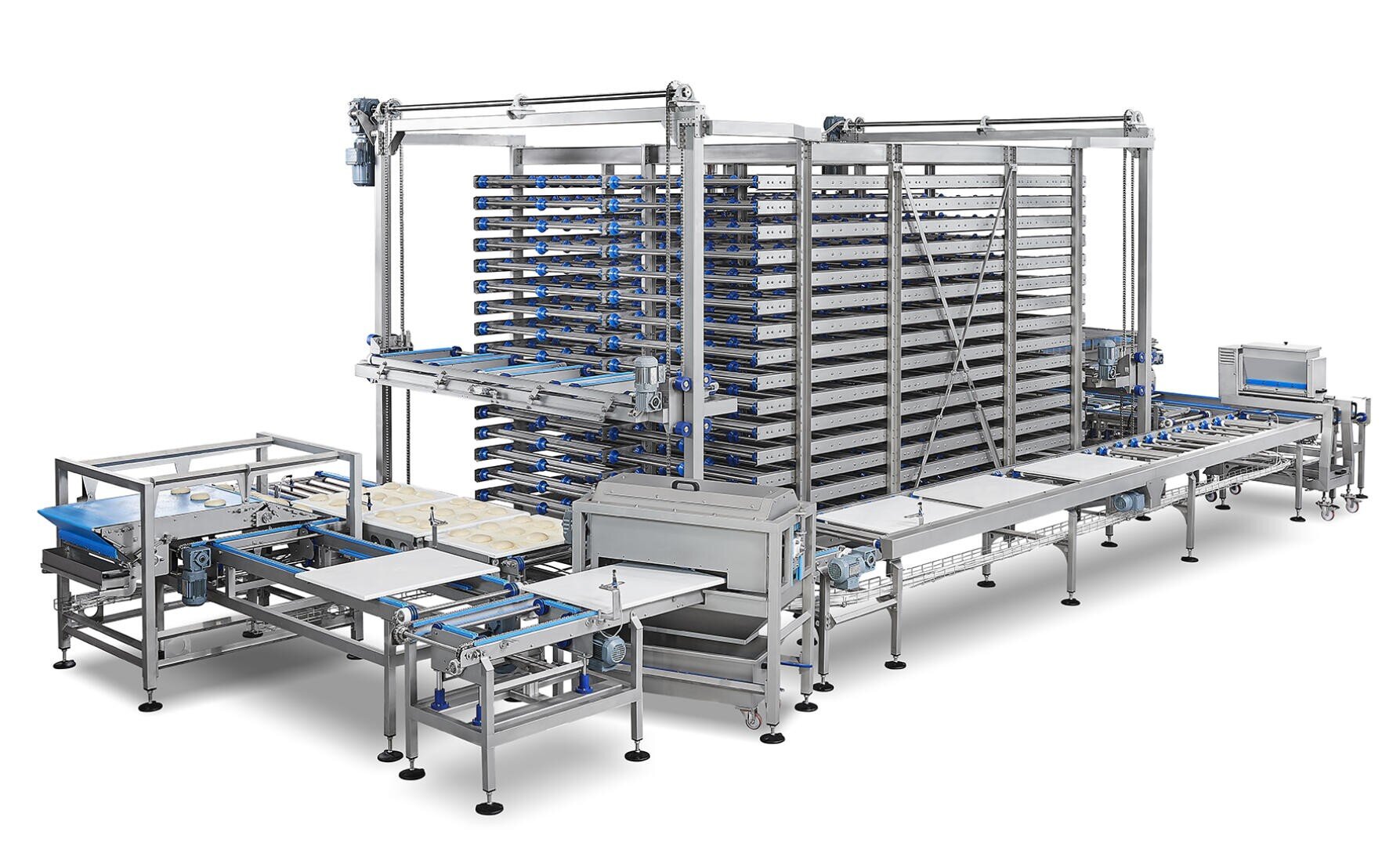 Industrial automated food processing machine with conveyor belts, metal framework, and multiple stacked trays, designed for automated handling and processing of food products in a manufacturing setting.
