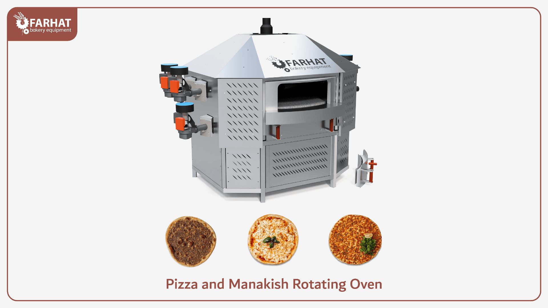 A silver rotating oven with the Farhat logo, designed for baking pizza and manakish, is shown above images of three different manakish or pizza varieties. Text reads: Pizza and Manakish Rotating Oven.