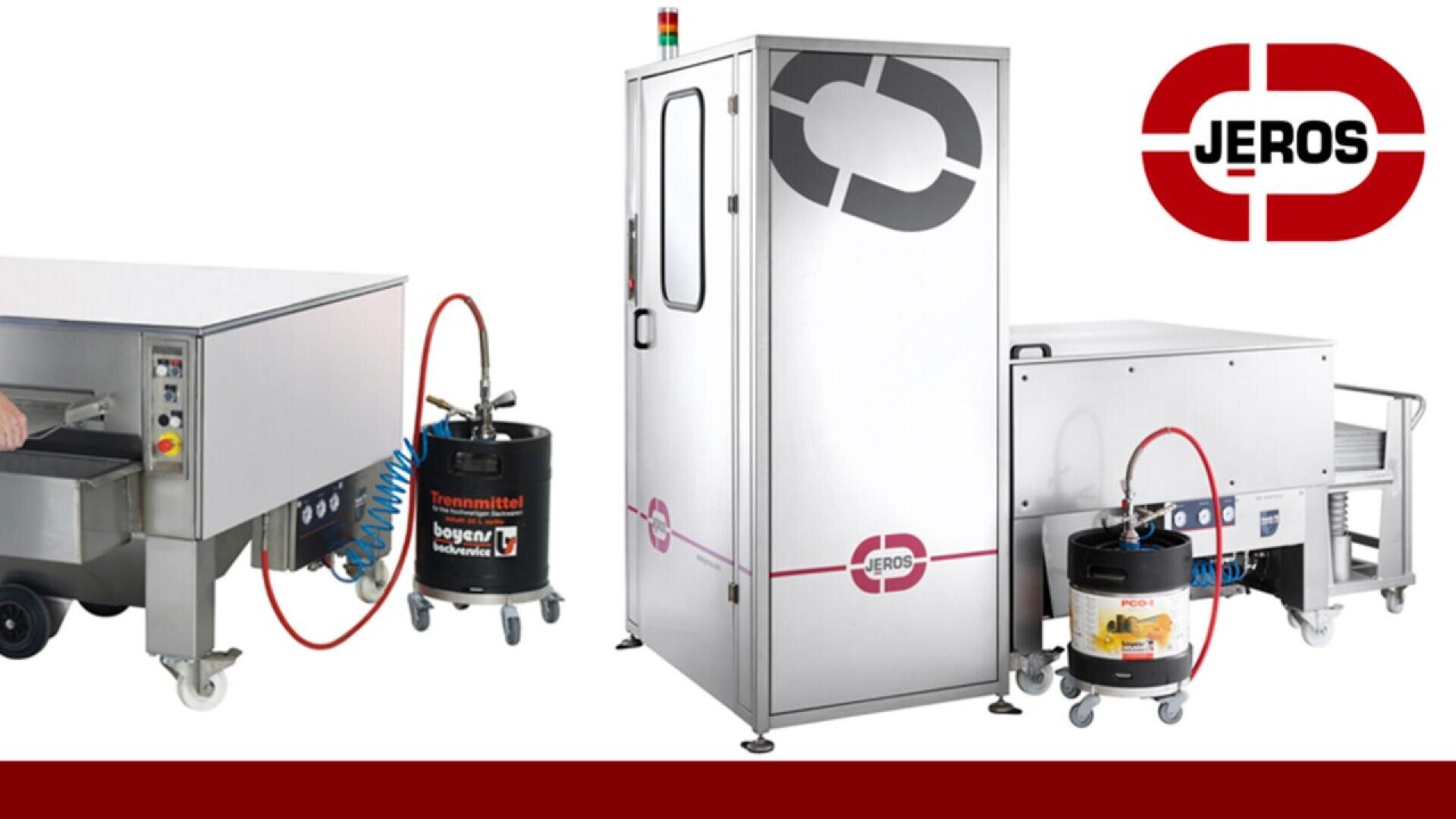 Auf einem weißen Hintergrund sind drei industrielle Reinigungsmaschinen mit Schläuchen und Kanistern abgebildet. Das Jeros-Logo erscheint in Rot und Schwarz in der oberen rechten Ecke.