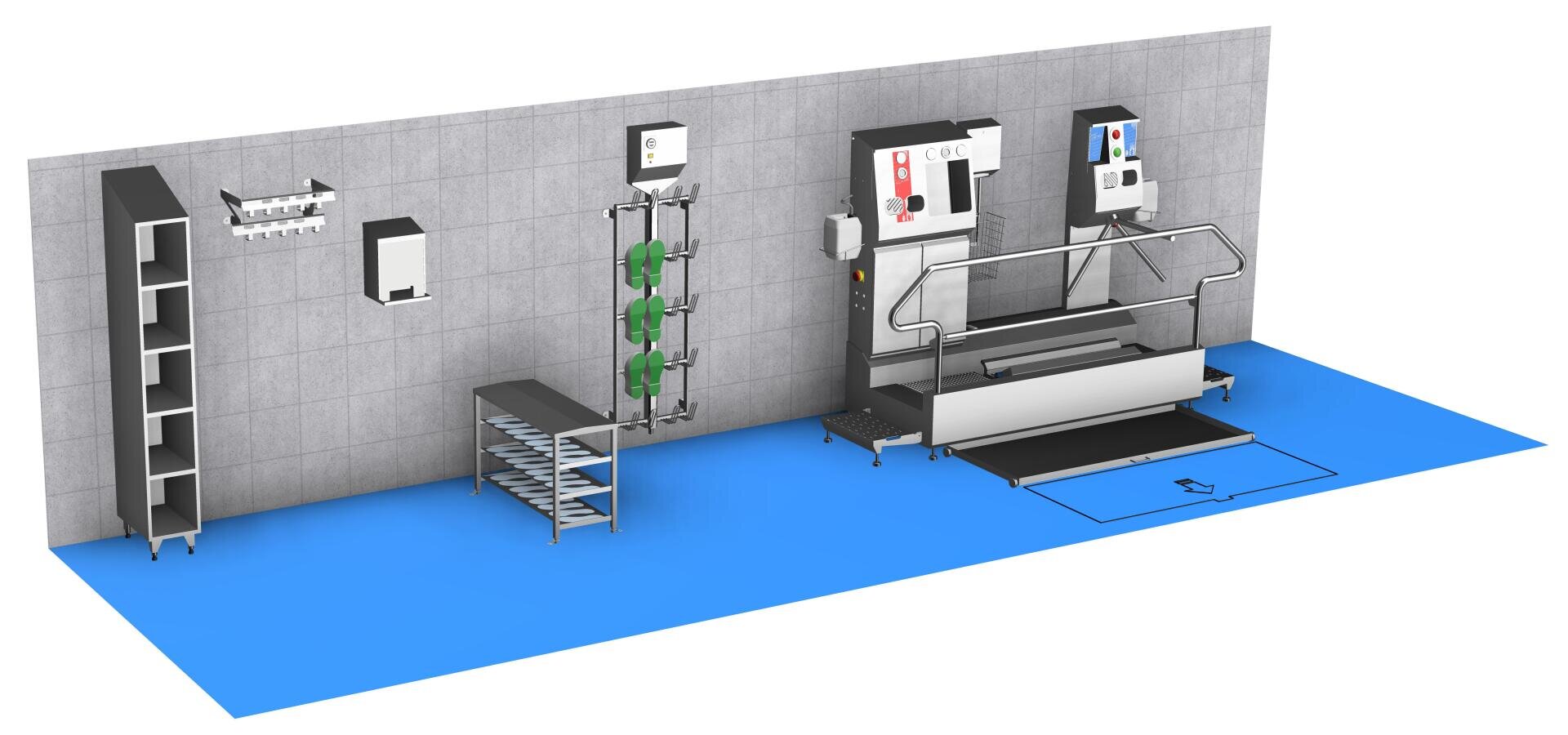 Ein 3D-gerendertes Bild einer Hygienestation mit Regalen, Spendern, wandmontierten Aufrollern, einem Schuhregal aus rostfreiem Stahl und zwei Hygienekontrollmaschinen mit Geländern, die vor einer gefliesten Wand auf einer blauen Bodenmatte stehen.