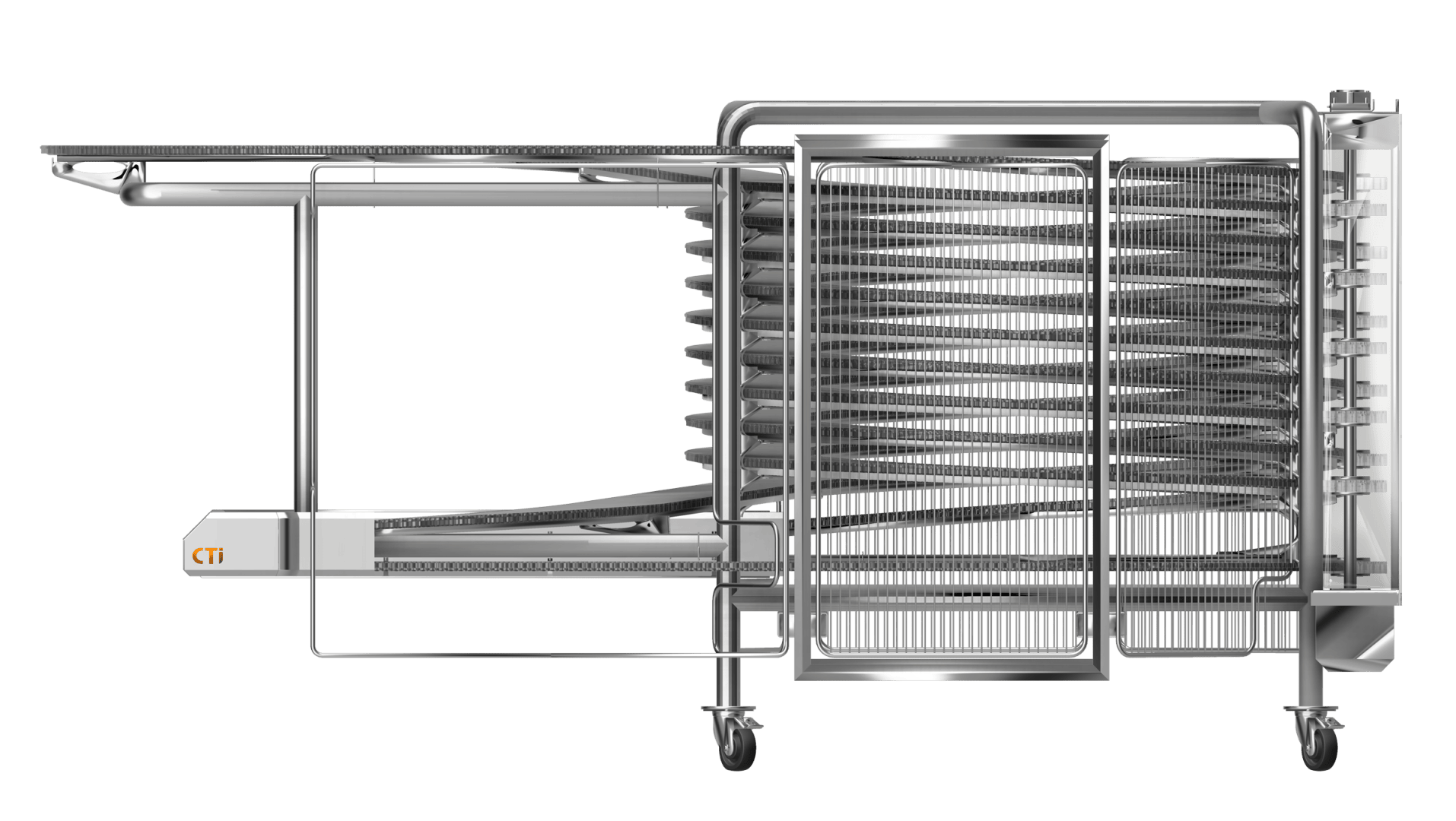 A stainless steel spiral conveyor system with multiple wire racks and wheels, designed for industrial food processing or cooling, is shown against a transparent background.