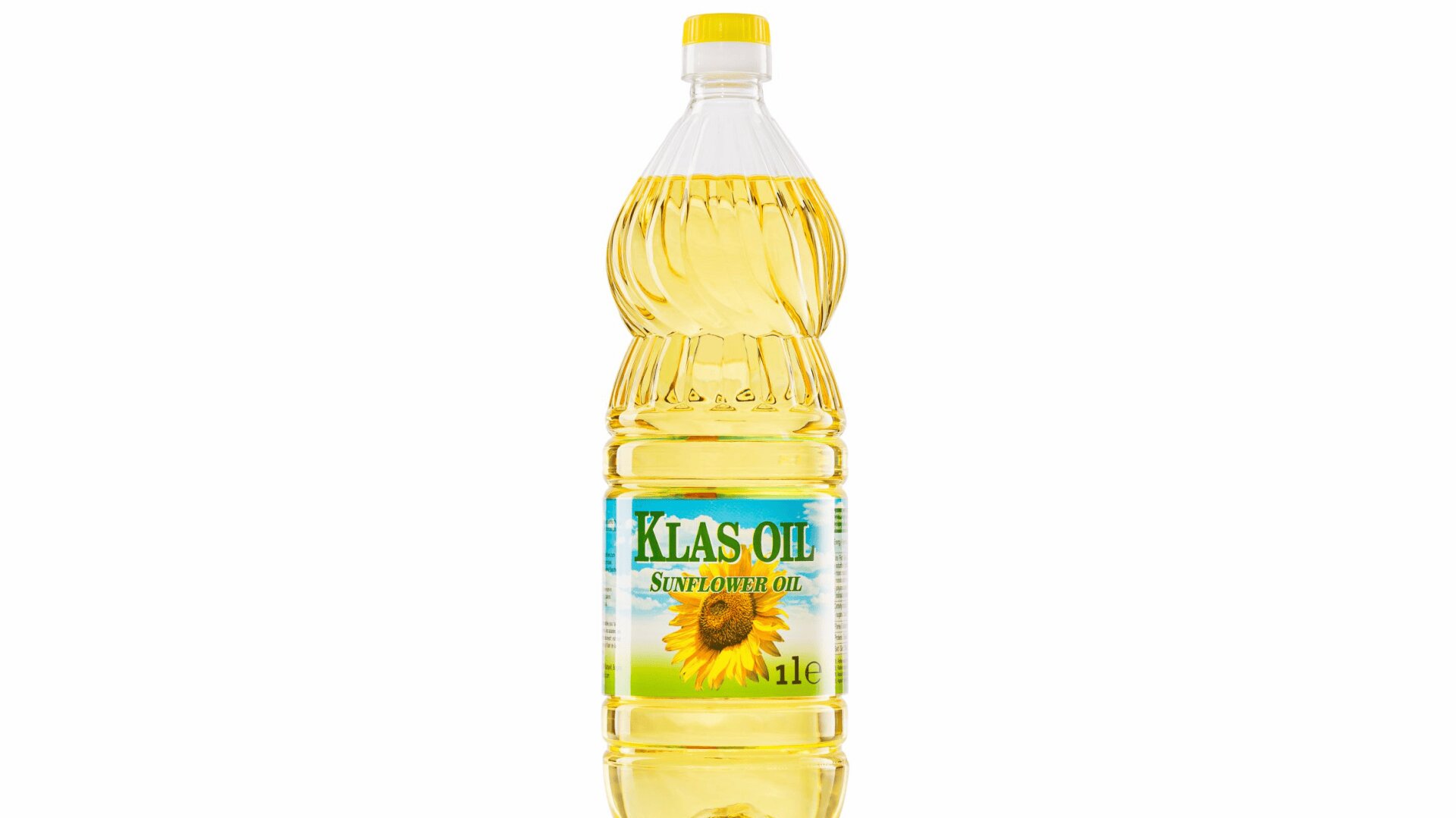 A clear plastic bottle of Klas Oil sunflower oil with a yellow cap and a label featuring a sunflower and text indicating 1 liter capacity.