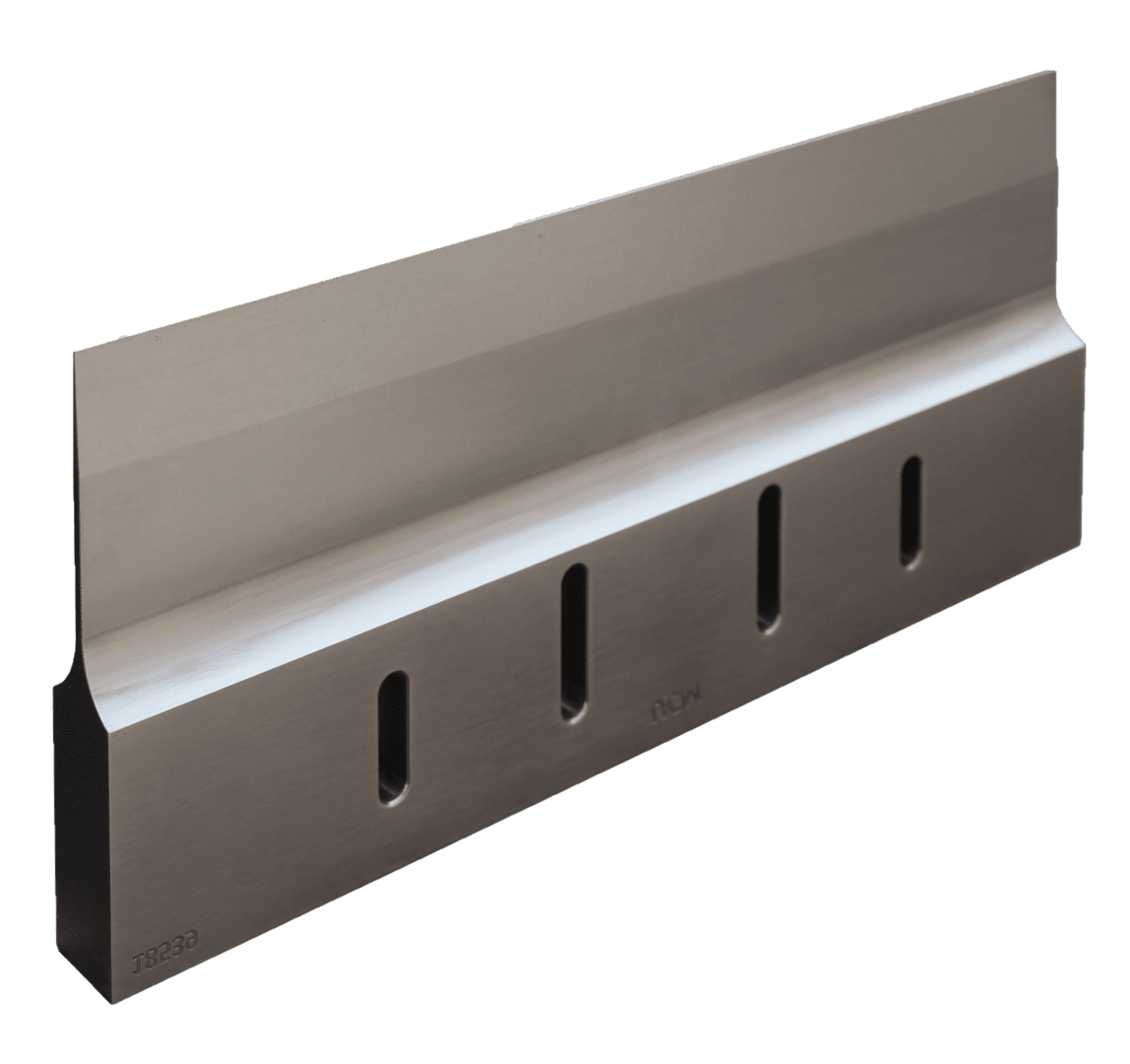 A metal industrial blade with a rectangular shape, beveled edge, and four vertical slots, likely used for cutting or scraping in machinery.