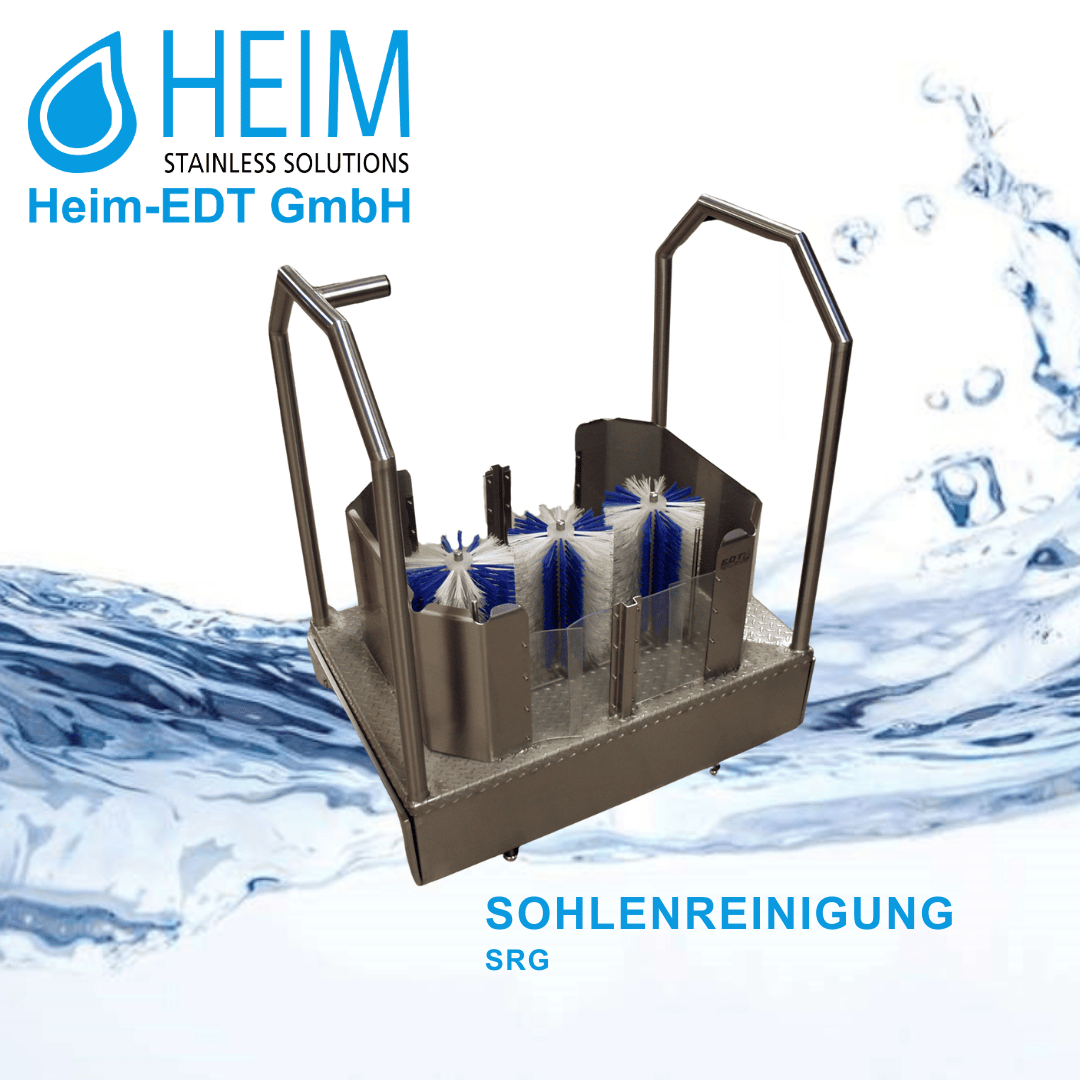 Eine Sohlenreinigungsmaschine aus Edelstahl mit blauen und weißen Bürsten, Griffe auf jeder Seite. Das Logo der Heim-EDT GmbH und die SOHLENREINIGUNG SRG sind abgebildet, mit einem Wasserspritz-Hintergrund.
