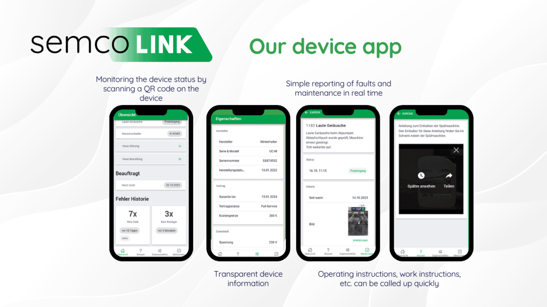 Four smartphone screens display the semcoLINK app, showing device status, transparent device information, fault reporting, maintenance, and operating instructions, with text explaining the app’s features above each screen.