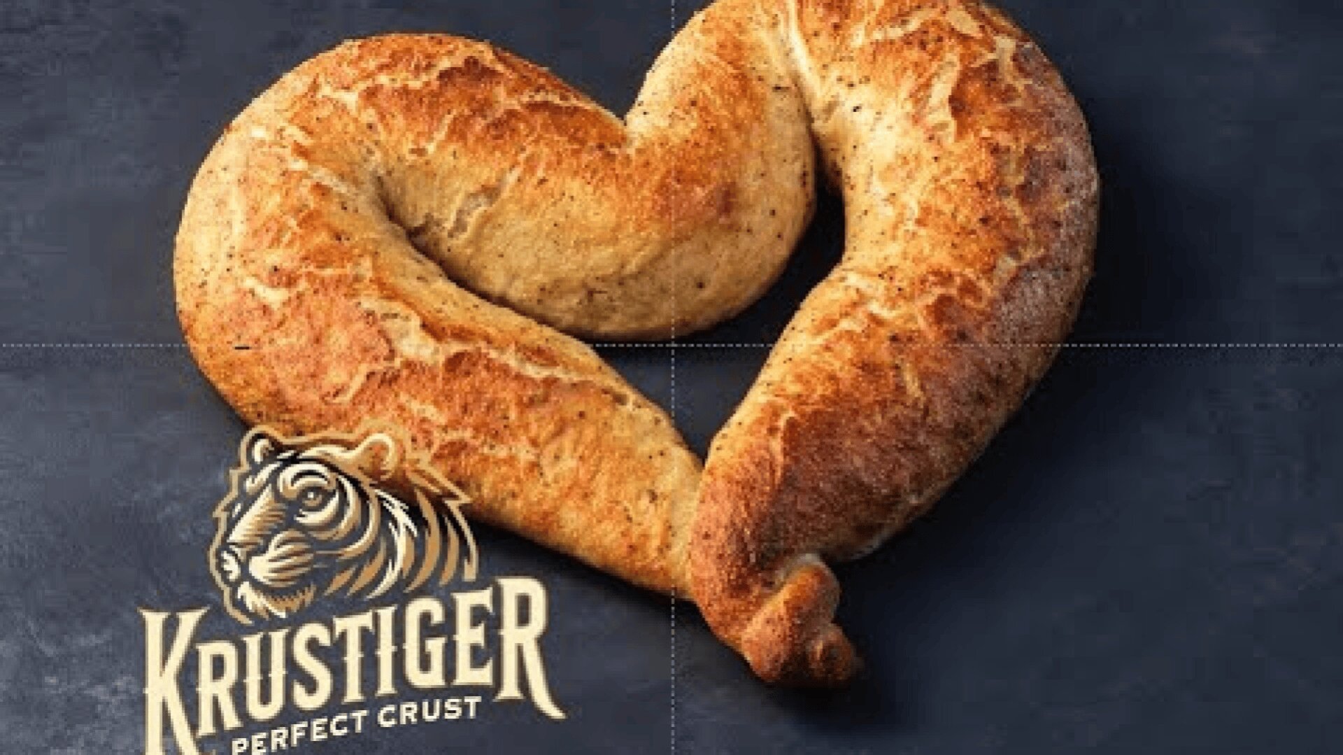 Auf dunklem Untergrund ist ein goldbraunes Brot in Herzform abgebildet. In der unteren linken Ecke ist das Logo „KRUSTIGER PERFECT CRUST“ mit einer Tigerillustration zu sehen.