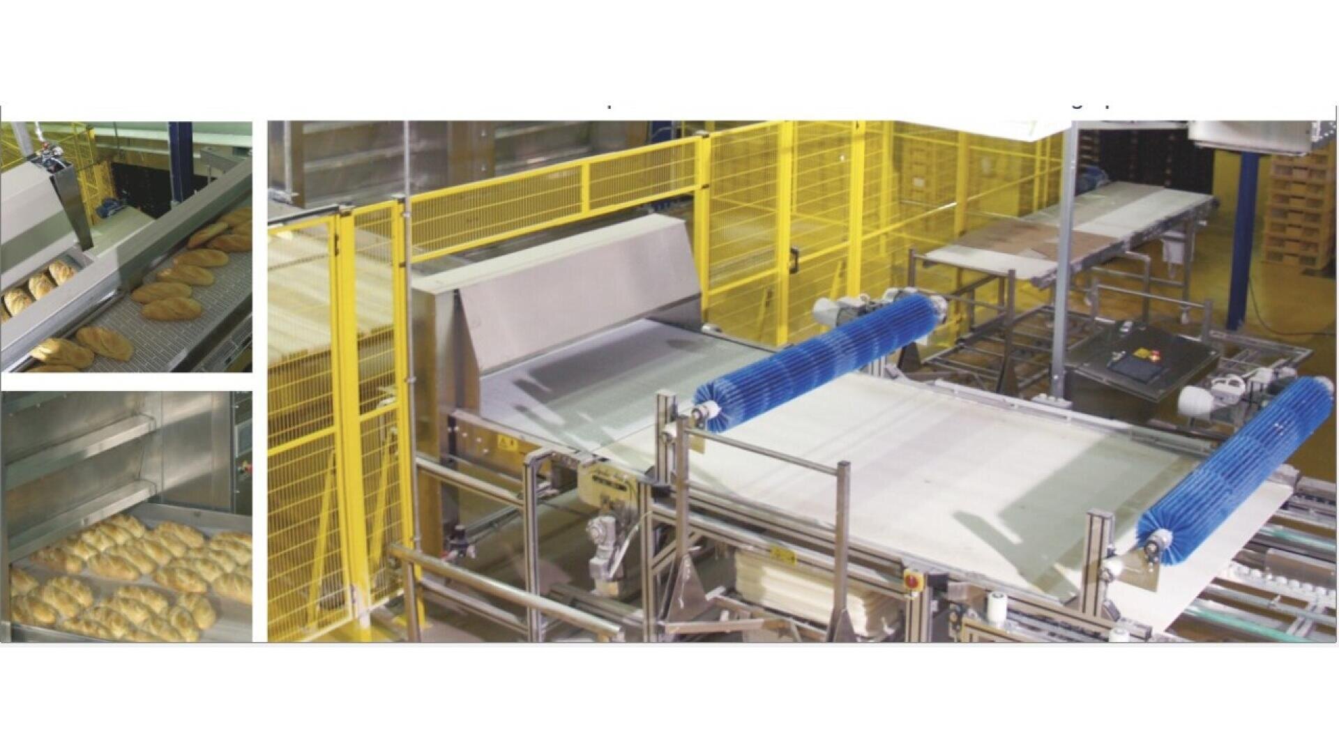 Industrielle Produktionsstraße für Bäckereien mit gelben Sicherheitsbarrieren, Förderbändern und Maschinen; eingefügte Bilder zeigen Reihen von Teig und gebackenem Gebäck auf Tabletts.