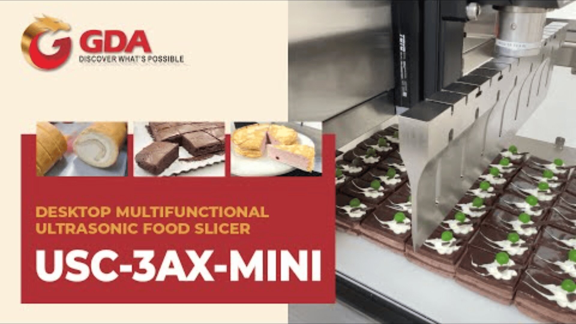 Werbebild für die GDA USC-3AX-MINI Desktop-Multifunktions-Ultraschallschneidemaschine, das die Maschine beim Schneiden von dekorierten Schokoladendesserts zeigt, mit Produktfotos und Branding auf der linken Seite.
