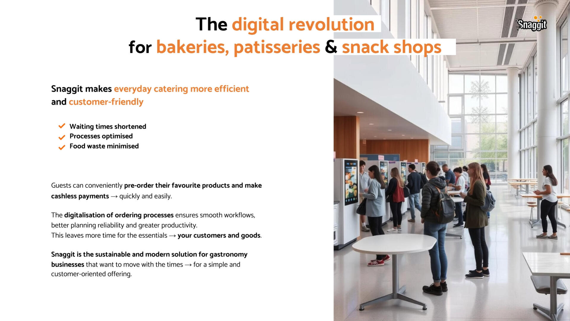 A group of people stands and talks in a modern, bright cafeteria area with tall windows. Text on the left describes how Snaggi simplifies catering for bakeries, patisseries, and snack shops by improving ordering and payment processes.