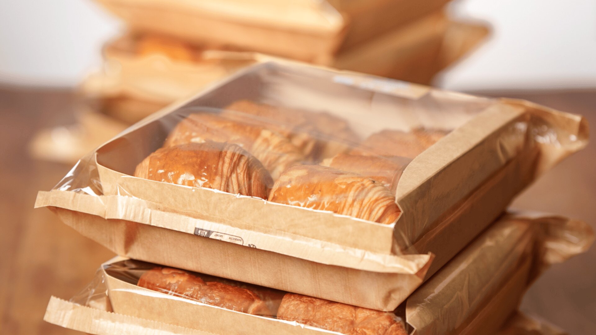 Stacks of packaged pastries in brown paper trays with clear plastic lids, showing several golden-brown croissants inside each tray, placed on a wooden surface.