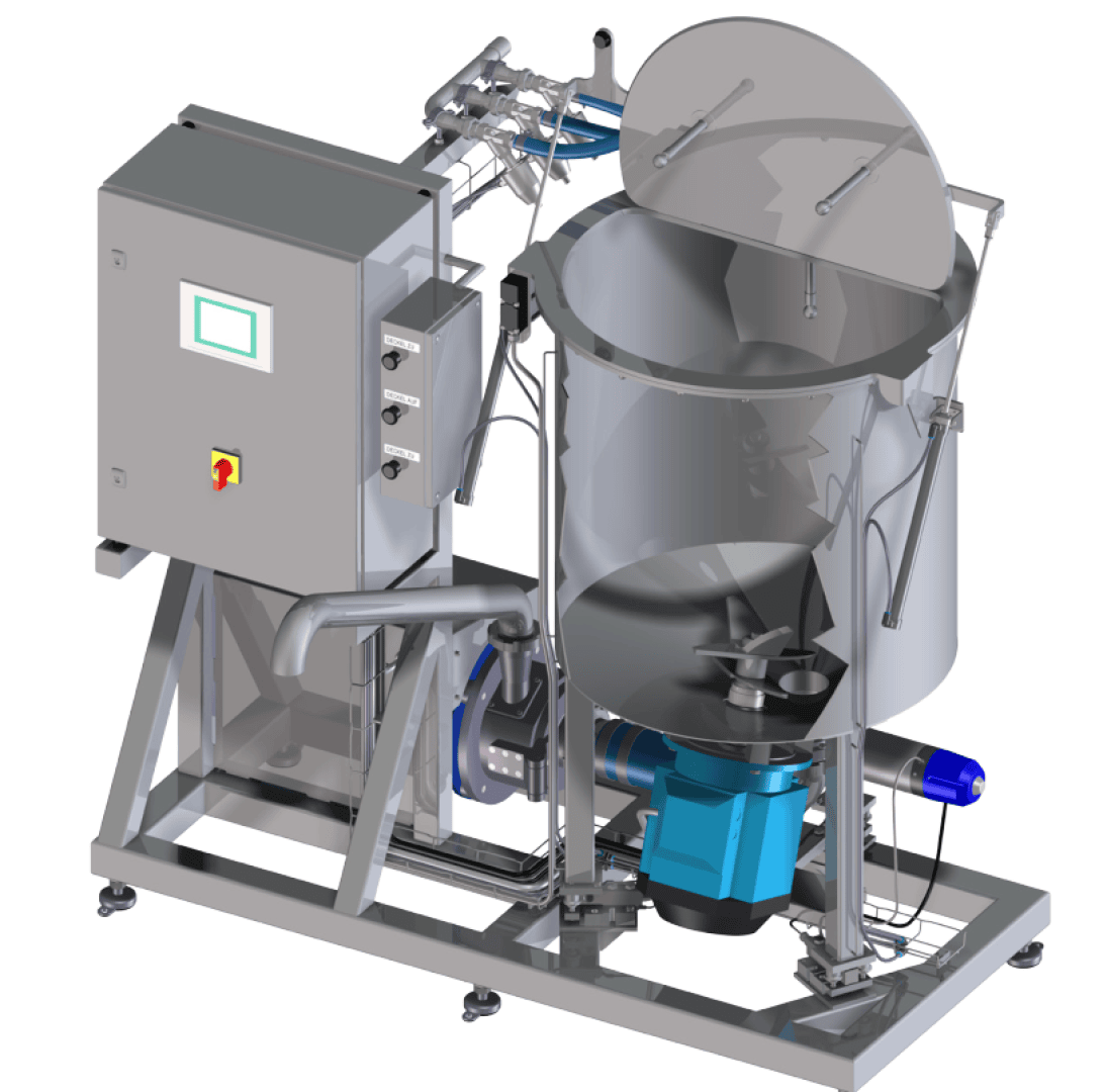 3D-Rendering einer industriellen Mischmaschine mit einem Bedienfeld, einem Edelstahltank, einem offenen Deckel, Mischflügeln im Inneren und verschiedenen Rohren und elektrischen Komponenten, die auf einem Metallrahmen montiert sind.