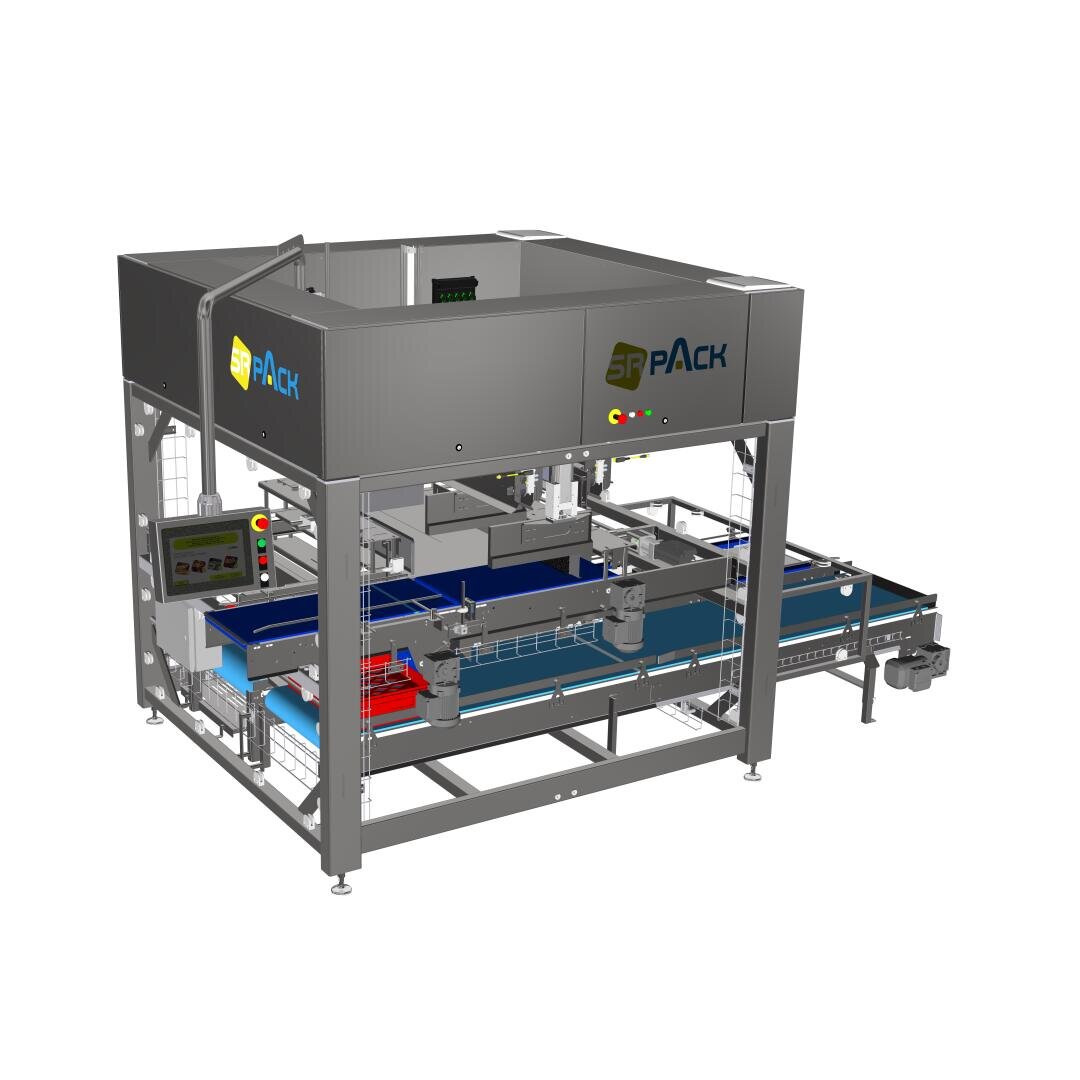 Ein 3D-gerendertes Bild einer industriellen Verpackungsmaschine mit Metallrahmen, Schalttafeln und Förderbändern, versehen mit dem SPack-Logo auf der Außenverkleidung.