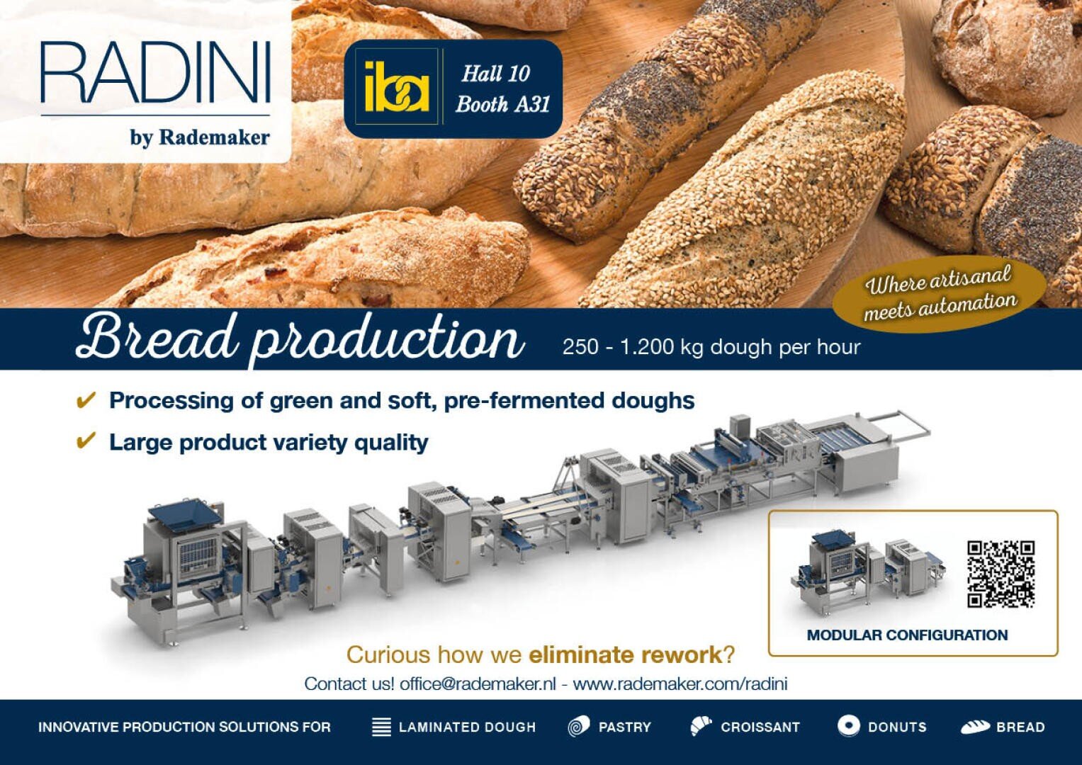 Advertisement for RADINI bread production machinery, showing various breads, a dough processing machine, and text highlighting automation, modular configuration, and processing capabilities. Includes contact info and website link.