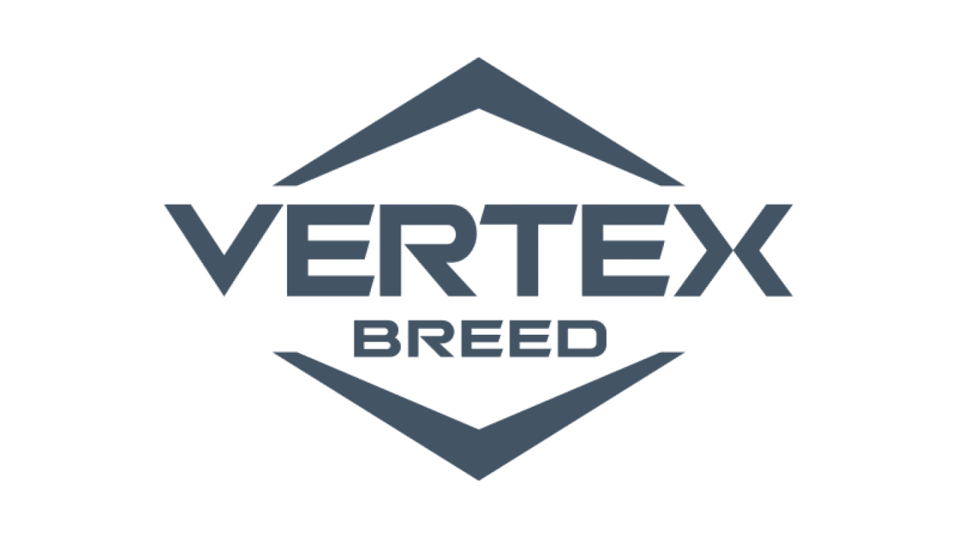 Logo mit dem Schriftzug VERTEX BREED in stilisierten, fetten Buchstaben, umgeben von einer eckigen, rautenförmigen Kontur, alles in dunkelblauer Farbe auf weißem Hintergrund.