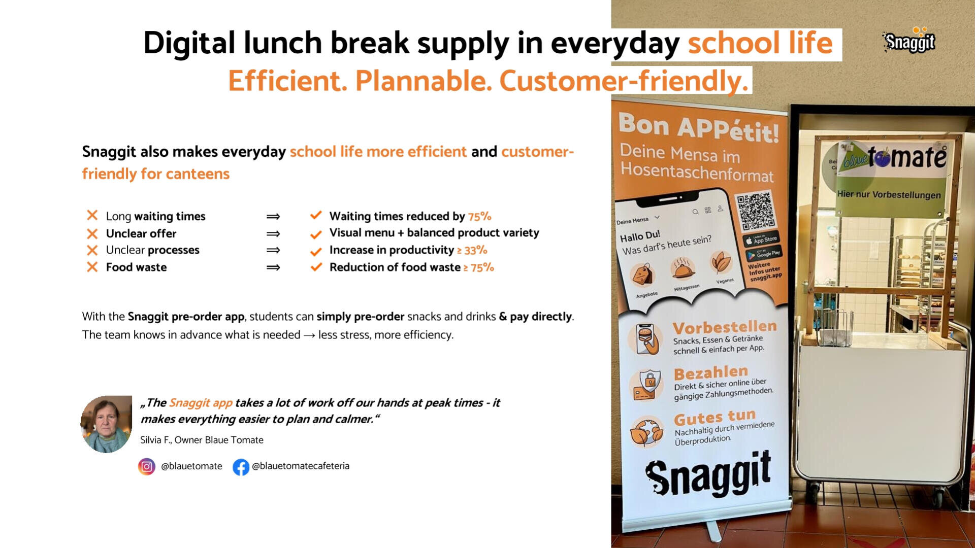 Promotional display for Snaggit app shows benefits of digital lunch break supply in schools, with a poster, phone displaying the app, and a table with flyers and a QR code for pre-ordering and payment.