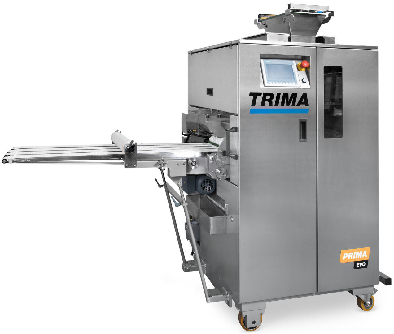 Eine Industriemaschine aus Edelstahl mit der Bezeichnung TRIMA PRIMA EVO mit Touchscreen-Display, Förderbändern und Rädern, die für die automatisierte Verarbeitung oder Herstellung in der Lebensmittelproduktion konzipiert ist.