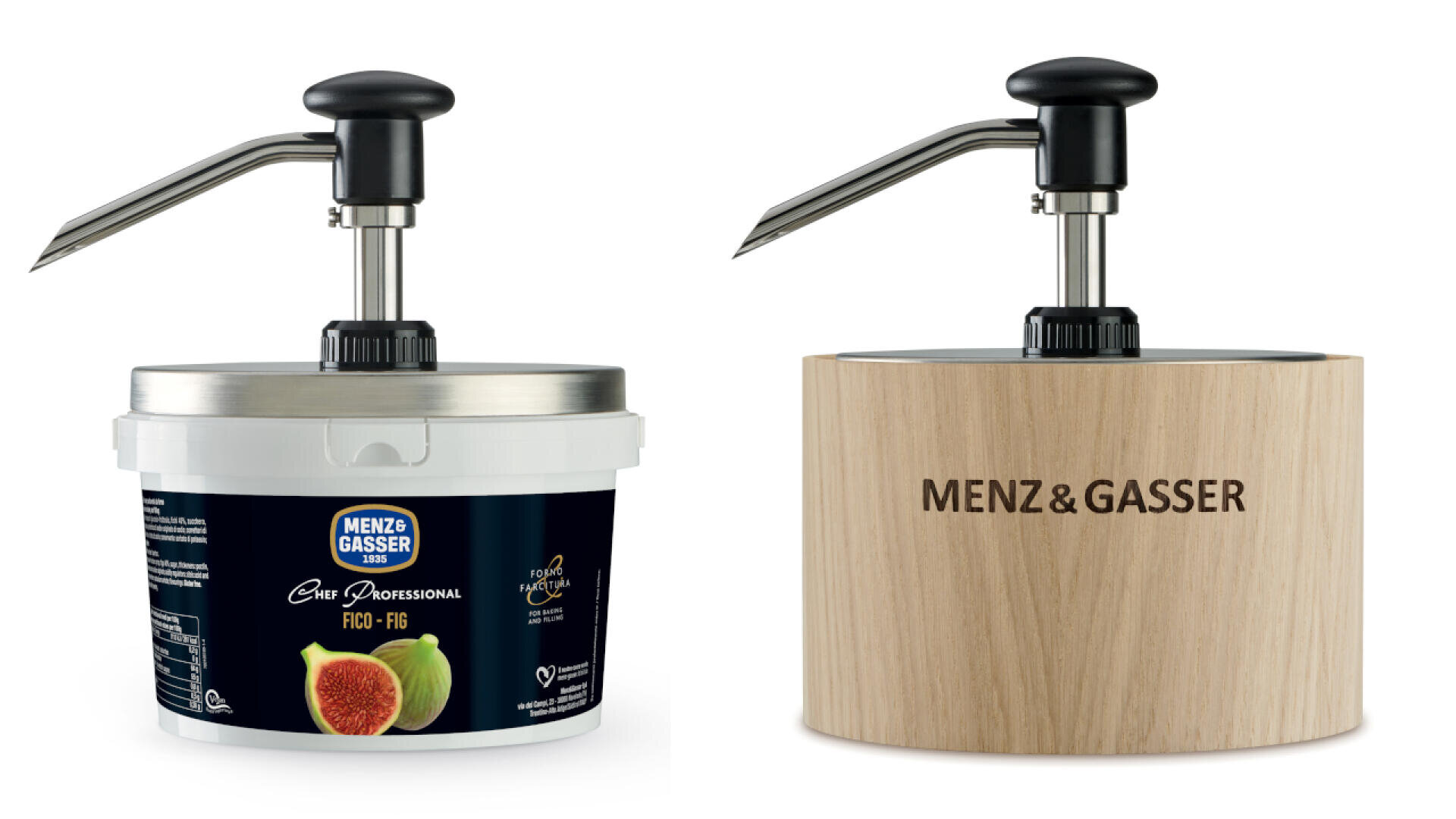 Zwei Menz & Gasser-Spender: ein weißer Behälter mit Feigenaufdruck und ein hölzerner mit dem Menz & Gasser-Logo, beide mit Pumpspendern aus Metall versehen.