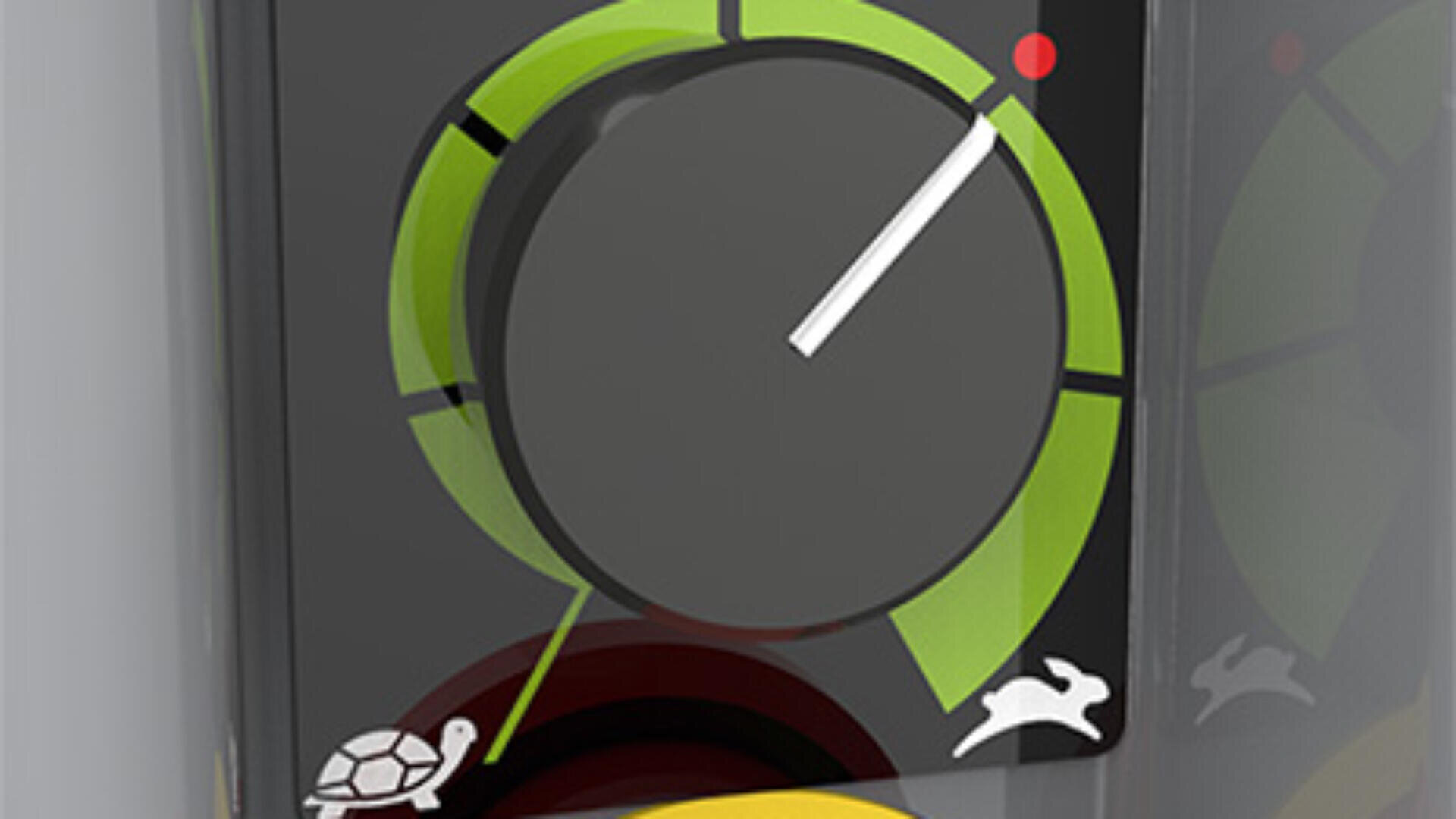 Nahaufnahme eines Drehknopfes mit einem grünen Bogen und den Symbolen einer Schildkröte auf der linken und eines Kaninchens auf der rechten Seite, die eine Geschwindigkeitseinstellung von langsam bis schnell anzeigen. Der Drehknopf ist näher am Kaninchen eingestellt.