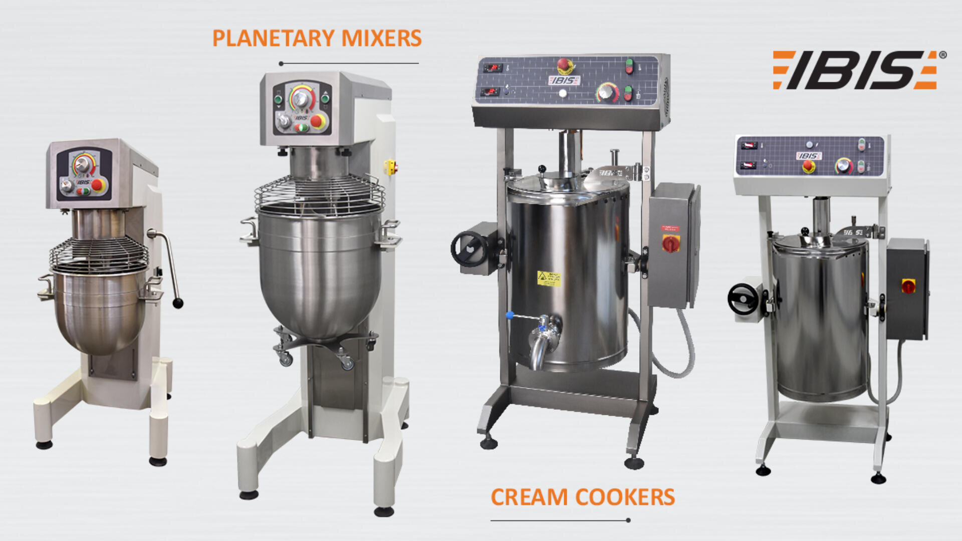 Four commercial kitchen machines are shown: two planetary mixers on the left, and two cream cookers on the right, all with stainless steel construction and control panels. The IBIS logo appears in the top right corner.