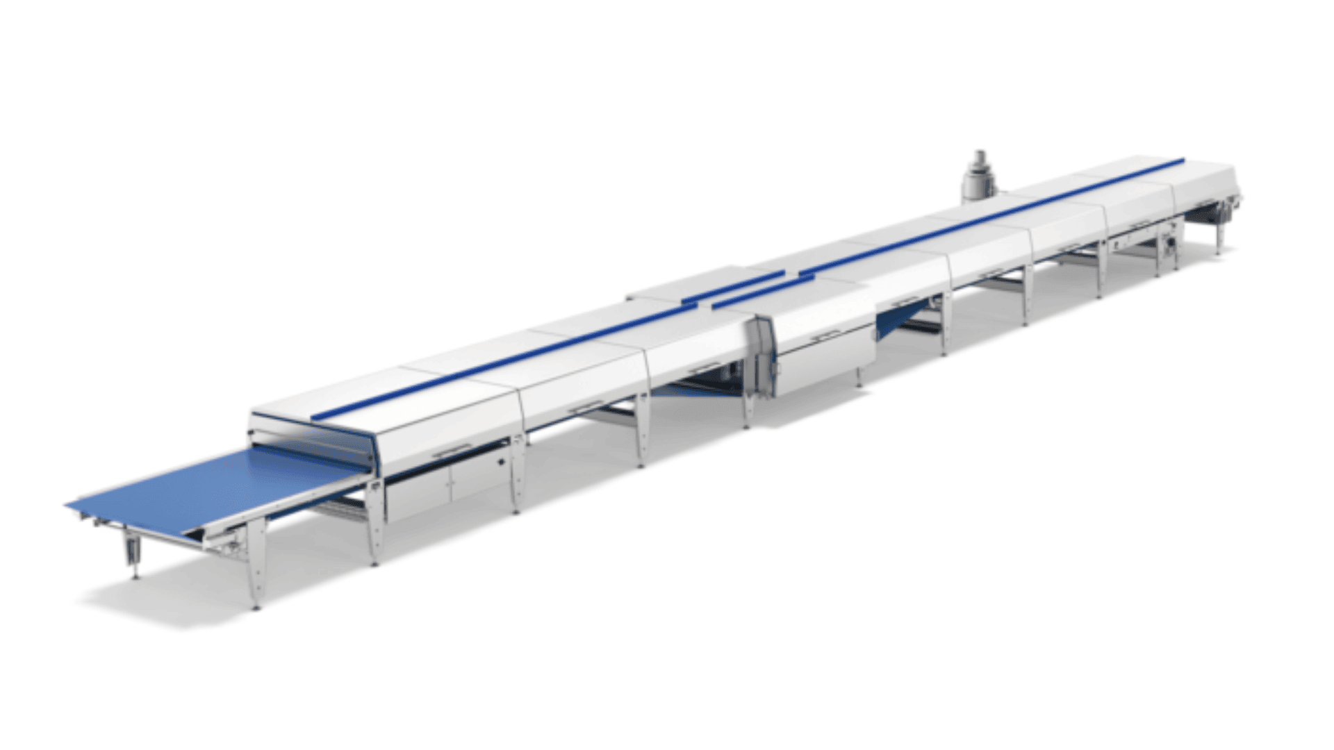 A long, industrial food processing conveyor system with a blue belt and white covers, made of metal, designed for automated production lines. The machine is isolated on a white background.