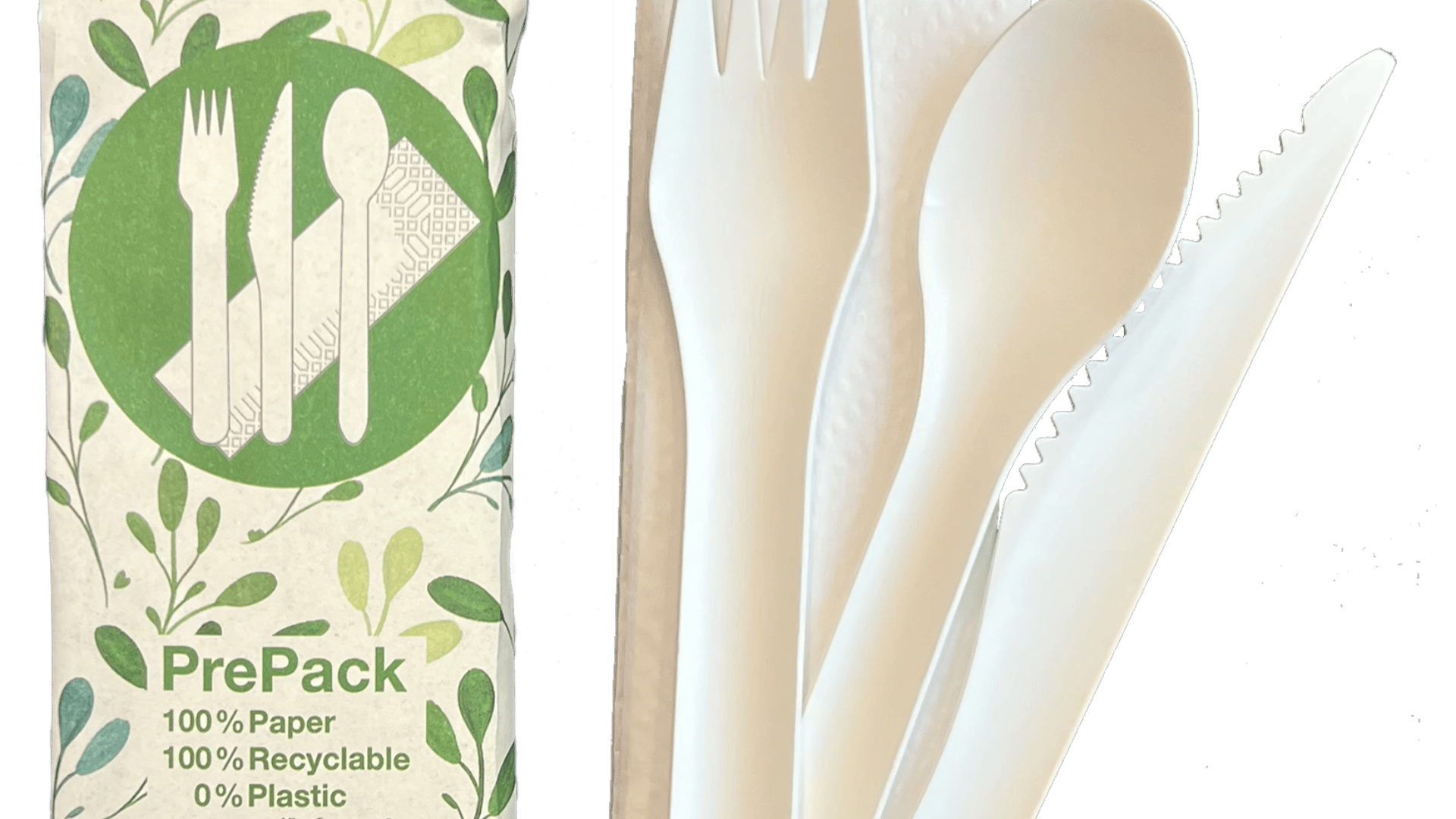 A set of white, compostable knife, fork, and spoon next to packaging labeled “PrePack,” stating 100% paper, 100% recyclable, 0% plastic, with green leafy design.