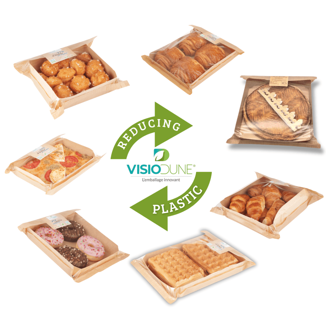 A circular arrangement of baked goods in eco-friendly trays surrounds a green recycling icon that says Reducing Plastic and the Visiodune logo in the center.