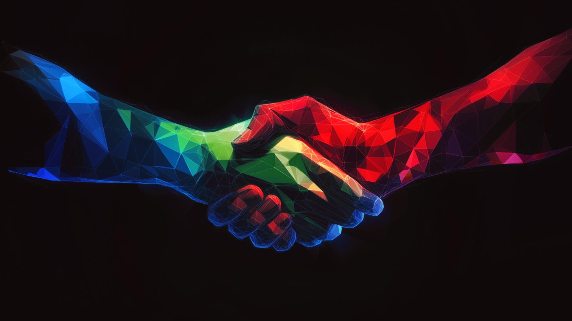 Two polygonal hands, one in blue-green shades and the other in red-orange hues, are shaking hands against a black background, symbolizing cooperation and unity.