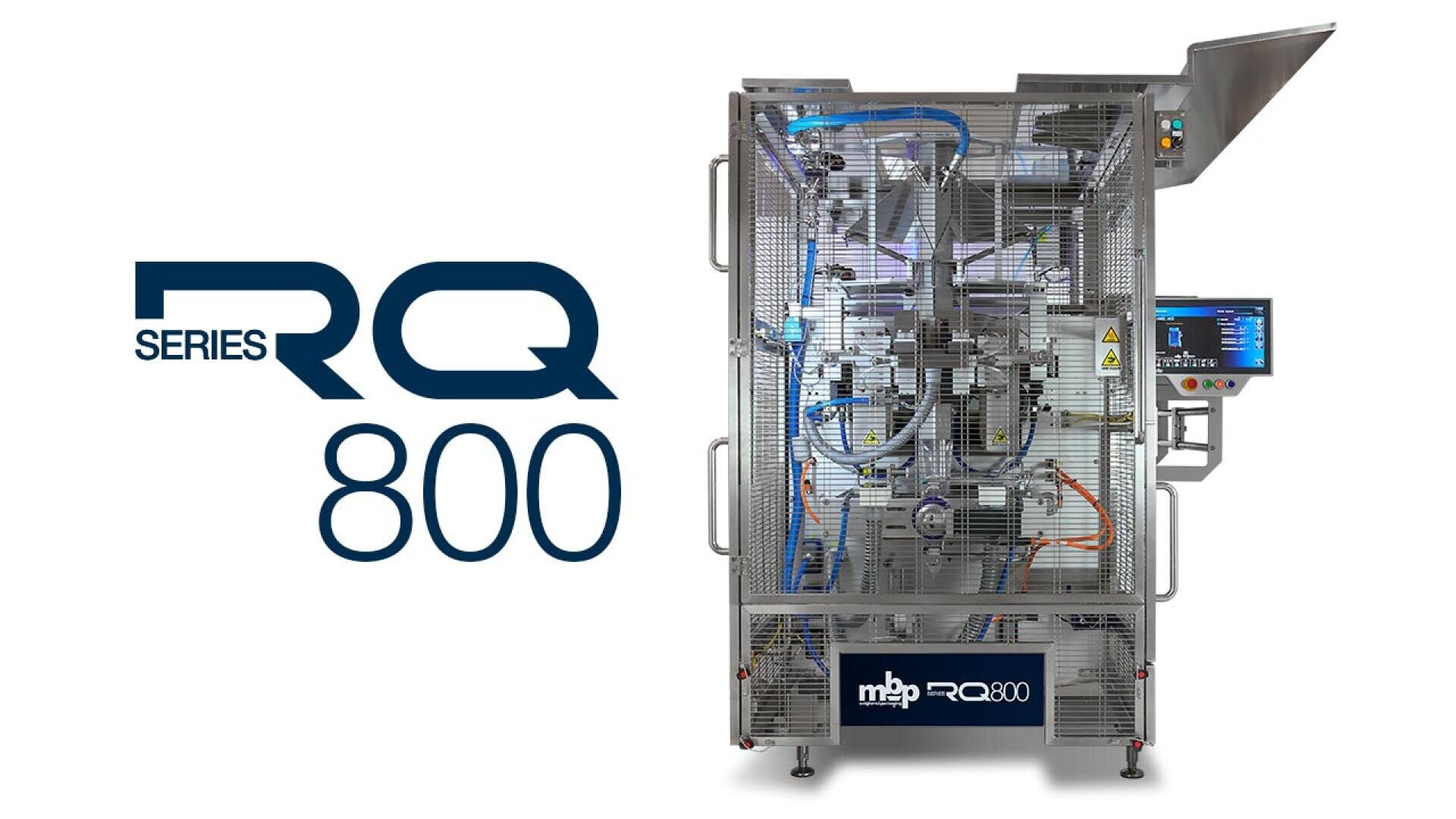 A modern industrial packaging machine labeled “mbp RQ800” with various pipes and wires, next to large blue text reading “Series RQ 800” on a white background.