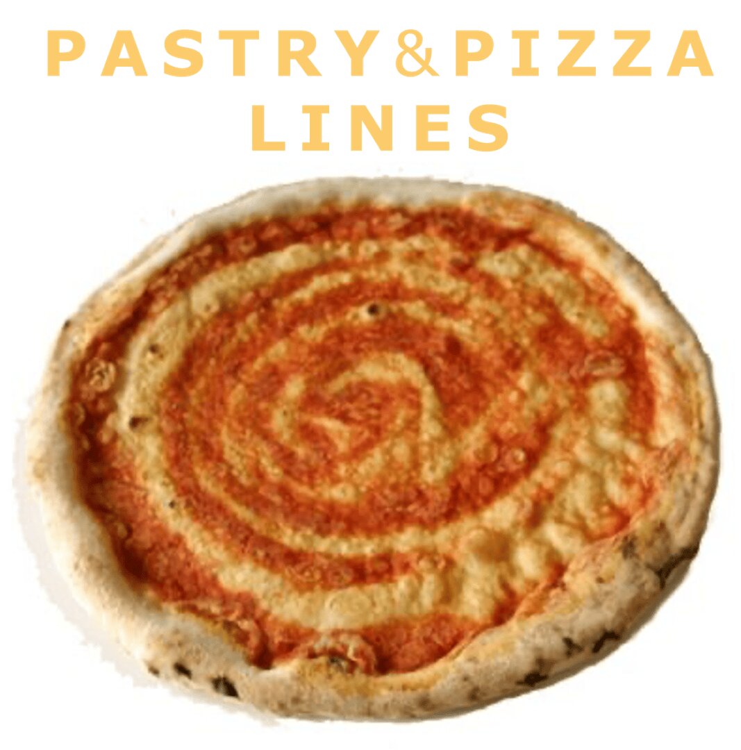 A plain cheese pizza with tomato sauce sits below the text PASTRY & PIZZA LINES in large, bold, yellow letters on a white background.