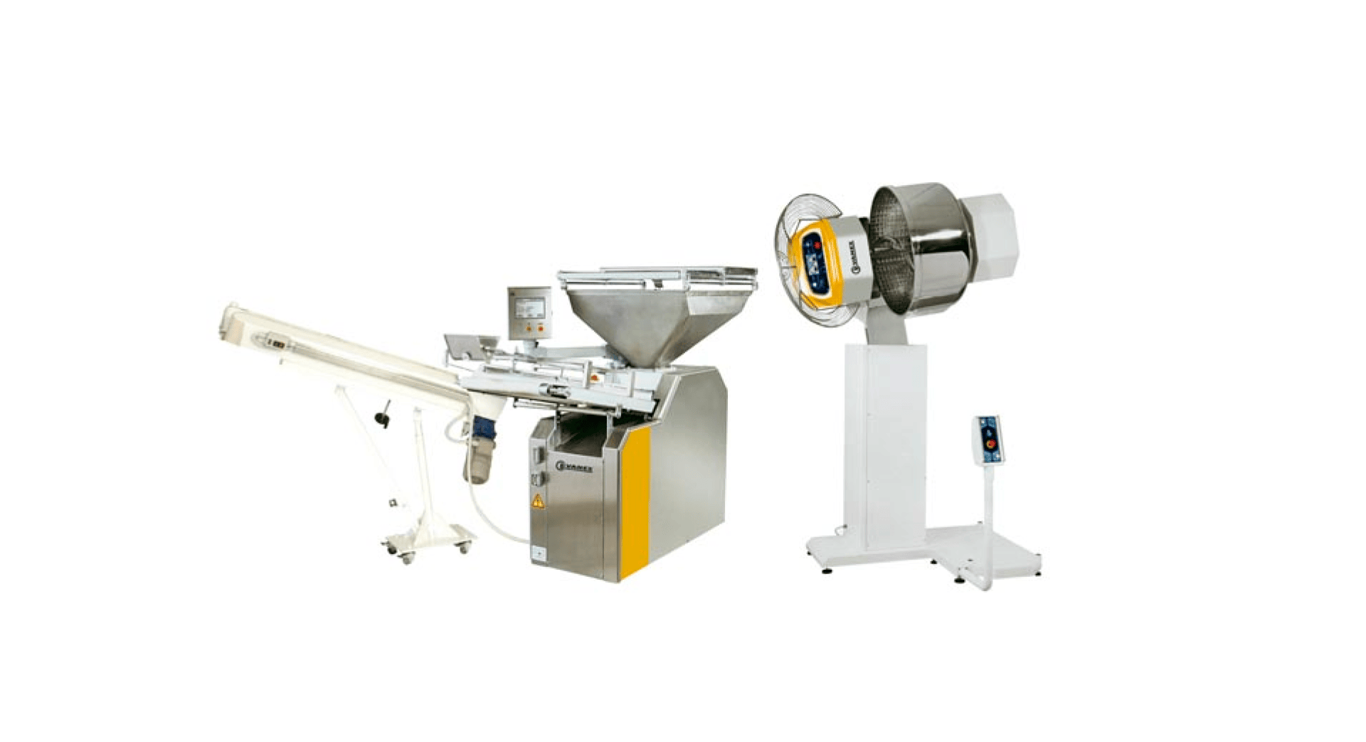 Two machines for industrial food processing: one with a conveyor belt and hopper, the other with a large cylindrical drum on a stand, both with stainless steel controls and surfaces on a white background.