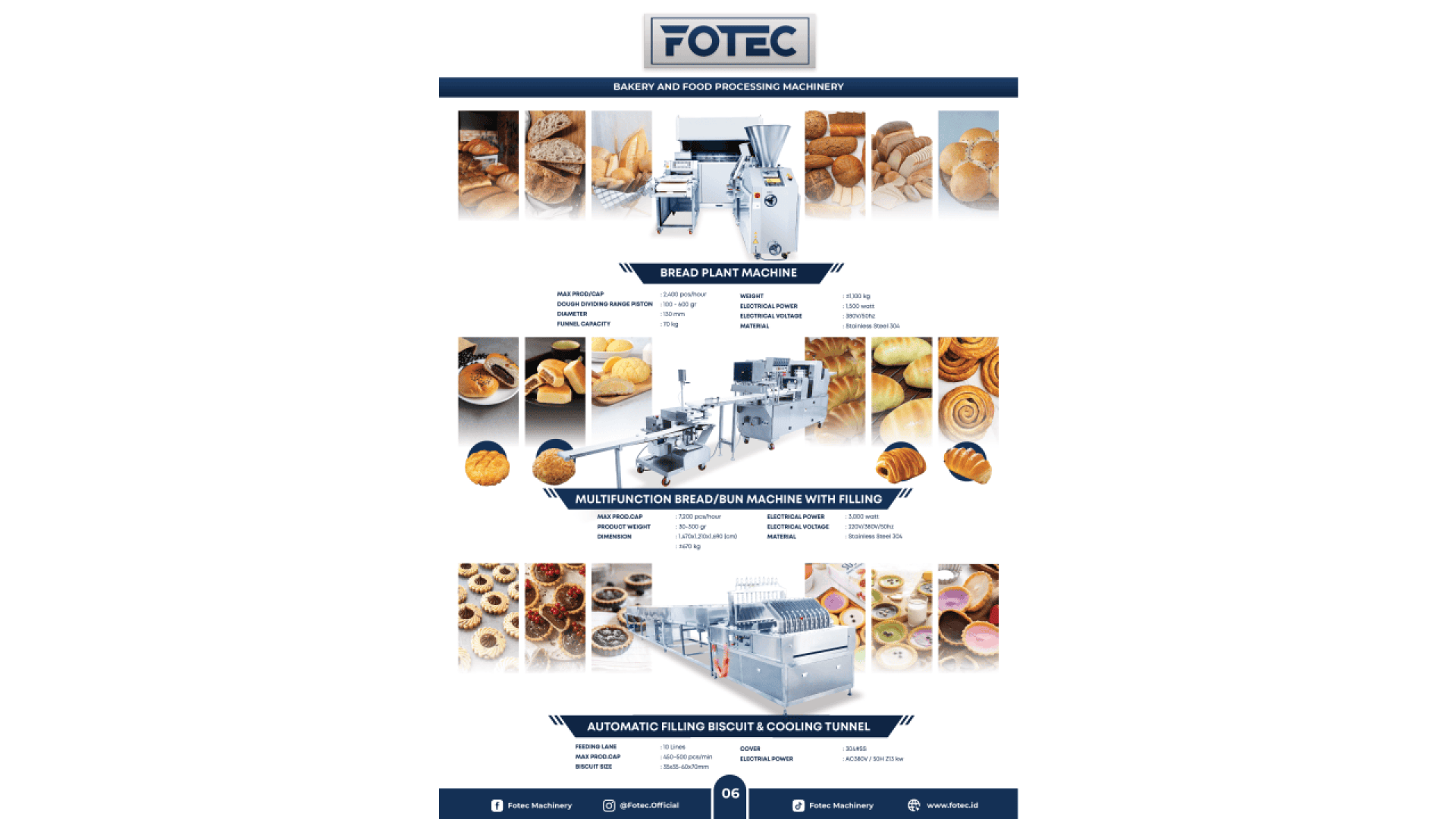 Infographic showing FOTEC bakery and food processing machines: bread plant machine, multifunction bread/bun machine with filling, and automatic biscuit filling and cooling tunnel, each with images of baked goods and equipment.