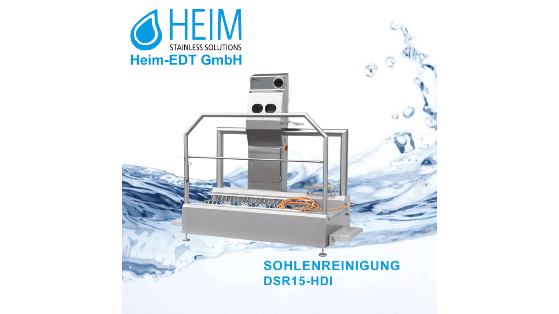 Industrial sole cleaning machine (model DSR15-HDI) by Heim-EDT GmbH is displayed on a platform with safety rails. The background features water splashes and the Heim company logo in blue.