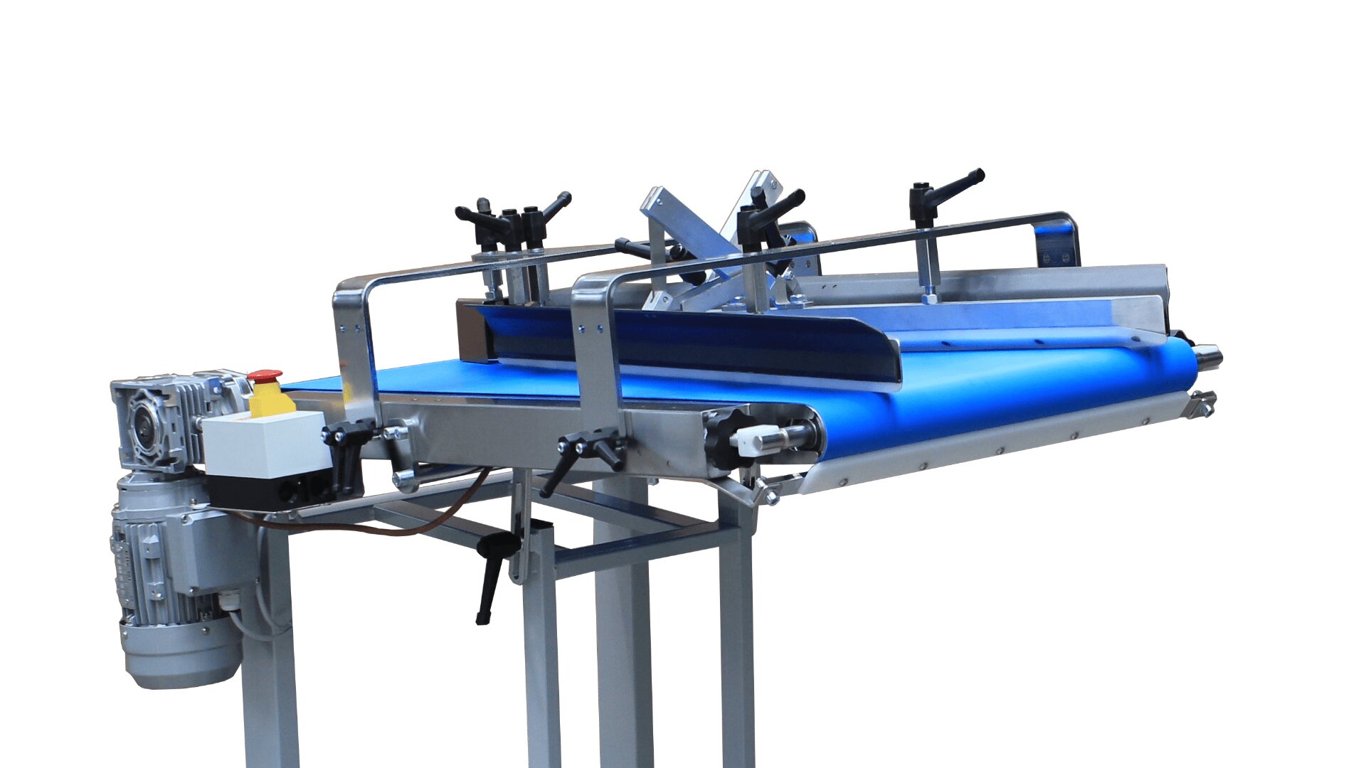 A blue industrial conveyor belt machine with metal frame, control buttons, and adjustable guides, designed for material handling or manufacturing processes, isolated on a white background.