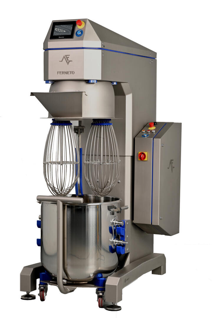 A large industrial stand mixer with two wire whisks and a stainless steel mixing bowl, featuring control panels and safety guards, labeled with the brand Ferneto.