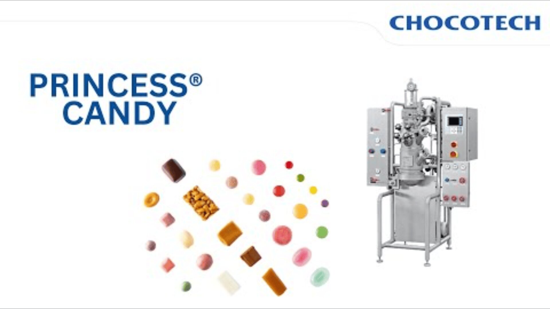 Verschiedene bunte Bonbons und Konfekt neben einer industriellen Süßwarenmaschine aus Edelstahl mit digitaler Steuerung. Der Schriftzug PRINCESS CANDY und das CHOCOTECH-Logo erscheinen auf weißem Hintergrund.