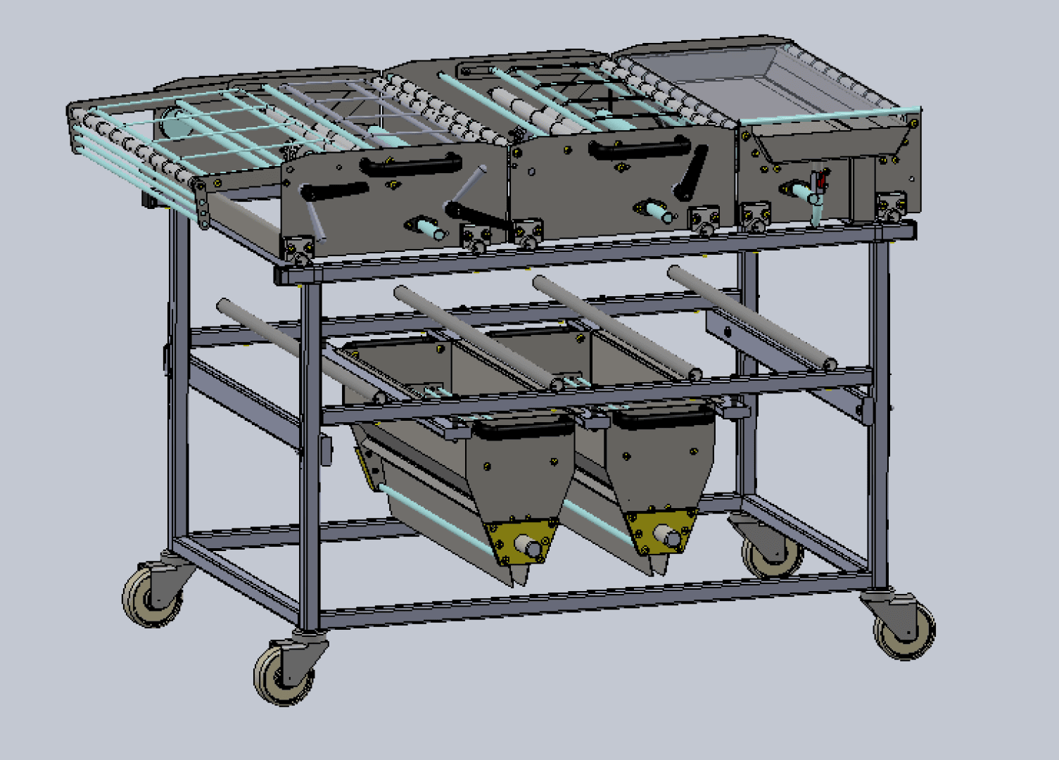 3D-Modell einer industriellen Sortiermaschine auf Rädern mit Förderbändern, Metallrahmen und zwei darunter liegenden Sammelbehältern, die für einfache Mobilität und Sortiervorgänge konzipiert ist.