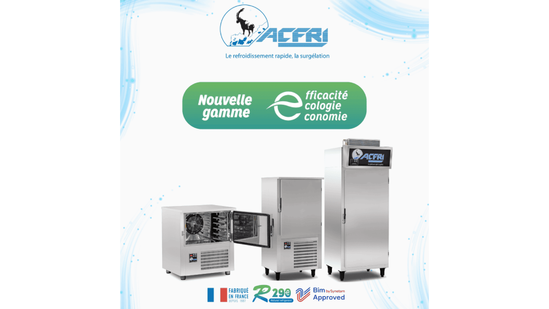 Promotional image for ACFRI featuring three industrial refrigeration units, with French text highlighting a new range focused on efficiency, ecology, and economy. Branding and certification logos are displayed at the bottom.