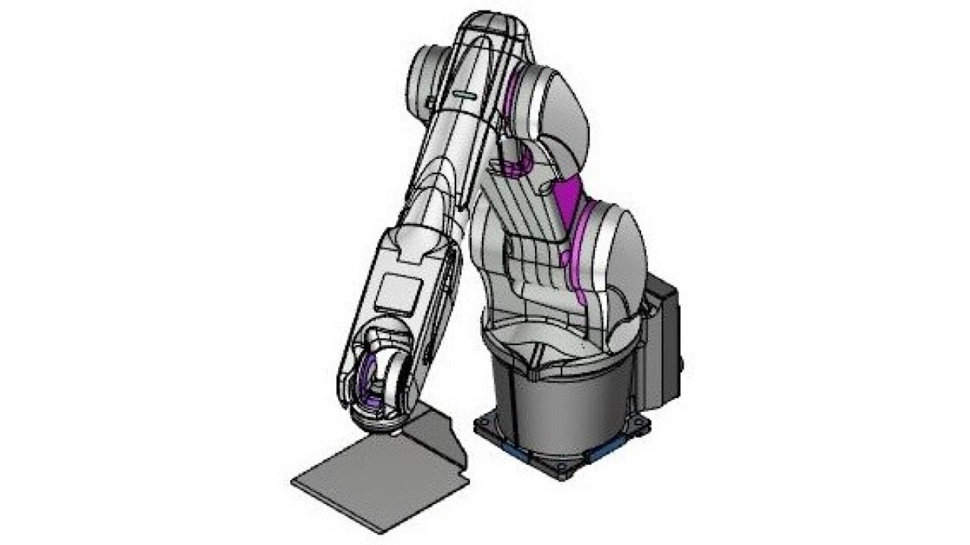 A CAD drawing of a robotic arm with multiple joints, positioned above a flat rectangular surface. The arm features cylindrical segments and highlighted internal components.