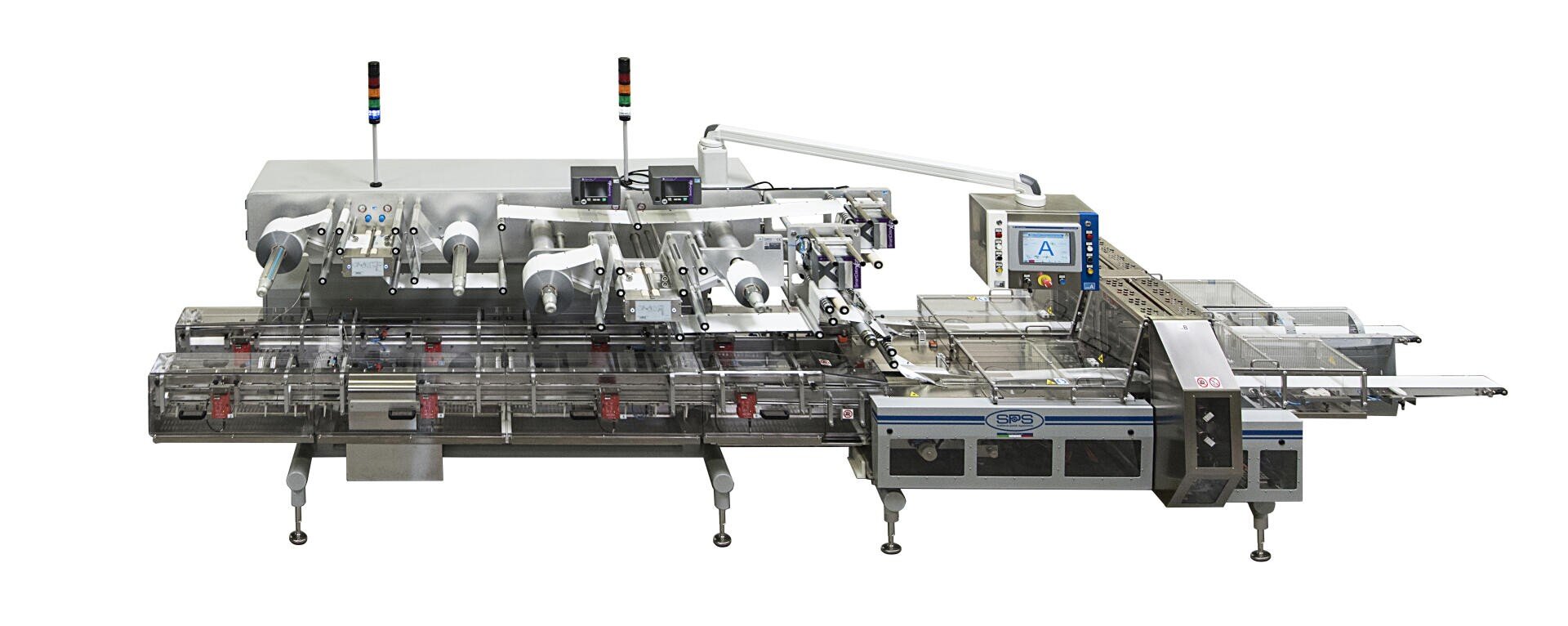 A large automated packaging machine with conveyor belts, transparent guards, control panels, sensor lights, and monitors, designed for high-speed industrial food or product packing.