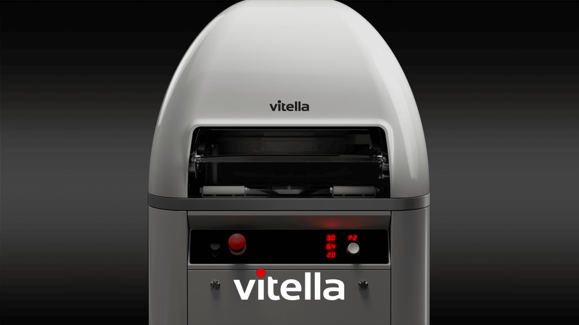 Nahaufnahme einer modernen, silbernen Industriemaschine mit dem Markennamen vitella auf der Vorderseite, mit Tasten, einem Display und einem teilweise geöffneten Fach. Der Hintergrund ist dunkel und hat einen Farbverlauf.