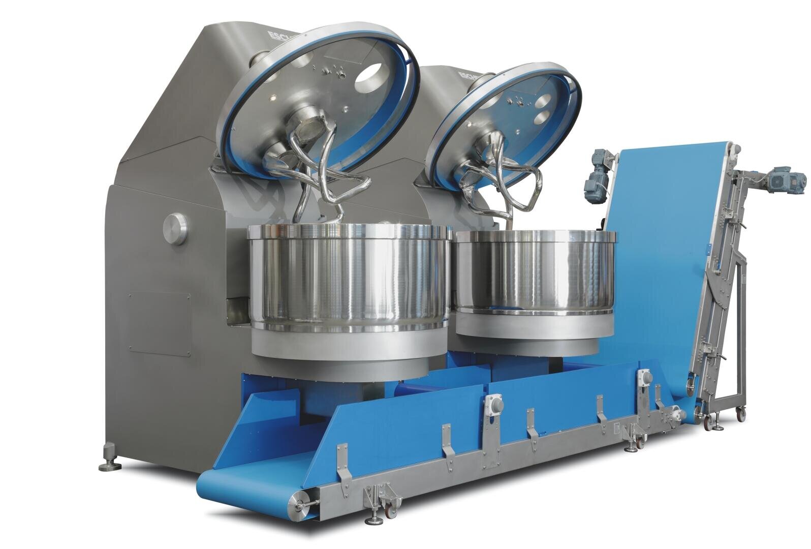Large industrial dough mixer with two stainless steel mixing bowls, overhead mixing arms, and a blue conveyor belt system for automated processing. The machine is clean and designed for commercial food production.