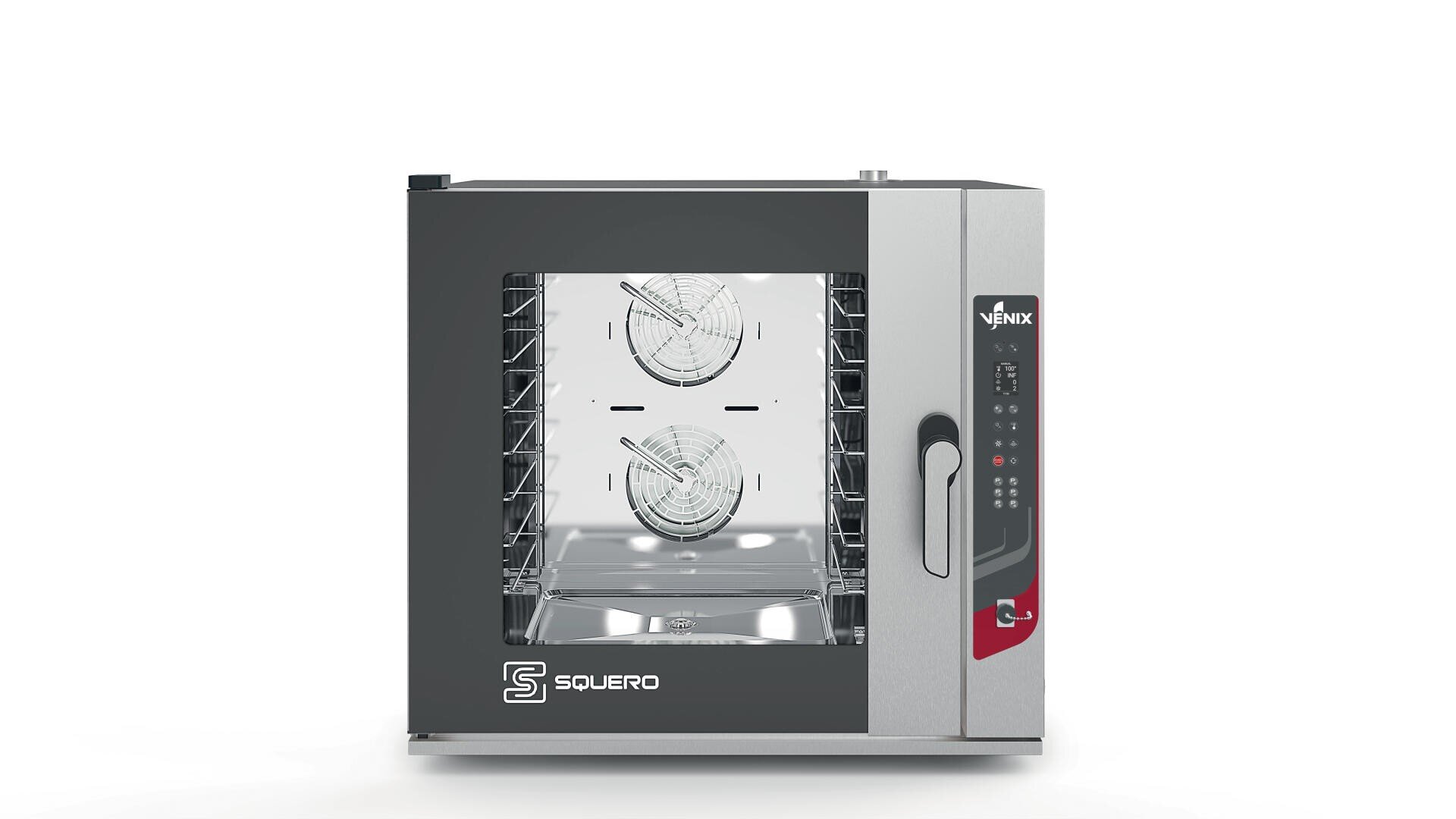 A commercial countertop convection oven with a glass door, digital control panel, and multiple wire rack positions, branded SQUERO and VENIX, set against a white background.